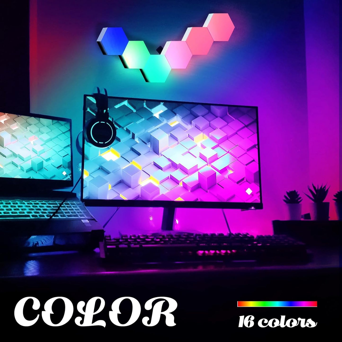 ODISTAR Remote Control Hexagon Wall Light,Smart Wall-Mounted Touch-Sensitive DIY Geometric Modular Assembled RGB led Colorful Light with USB-Power,Used in Bedroom (6-Pack)