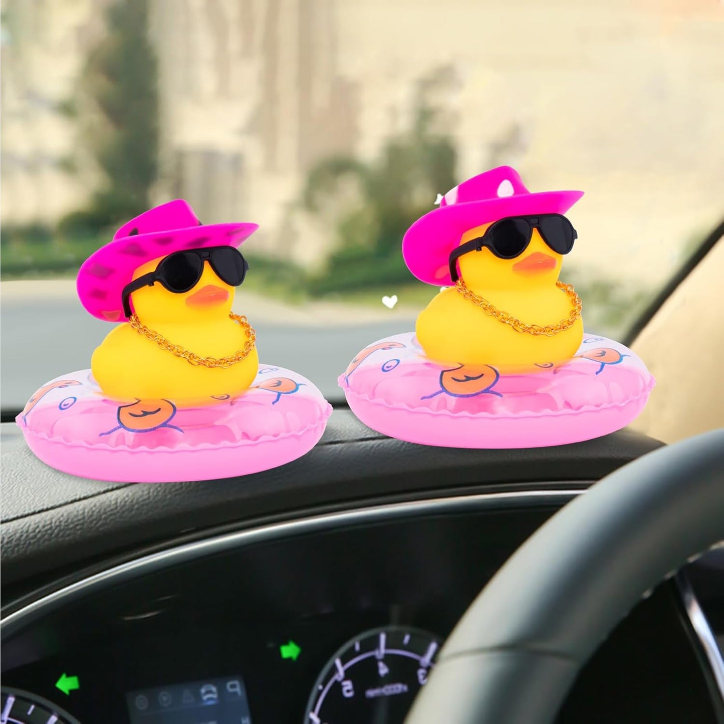 wonuu Car Rubber Duck, Yellow Duck Decoration Dashboard with Sun Hat Swim Ring Necklace Sunglasses for Car Dashboard Decorations, White Spots Pink Cowboy Hat-Pink