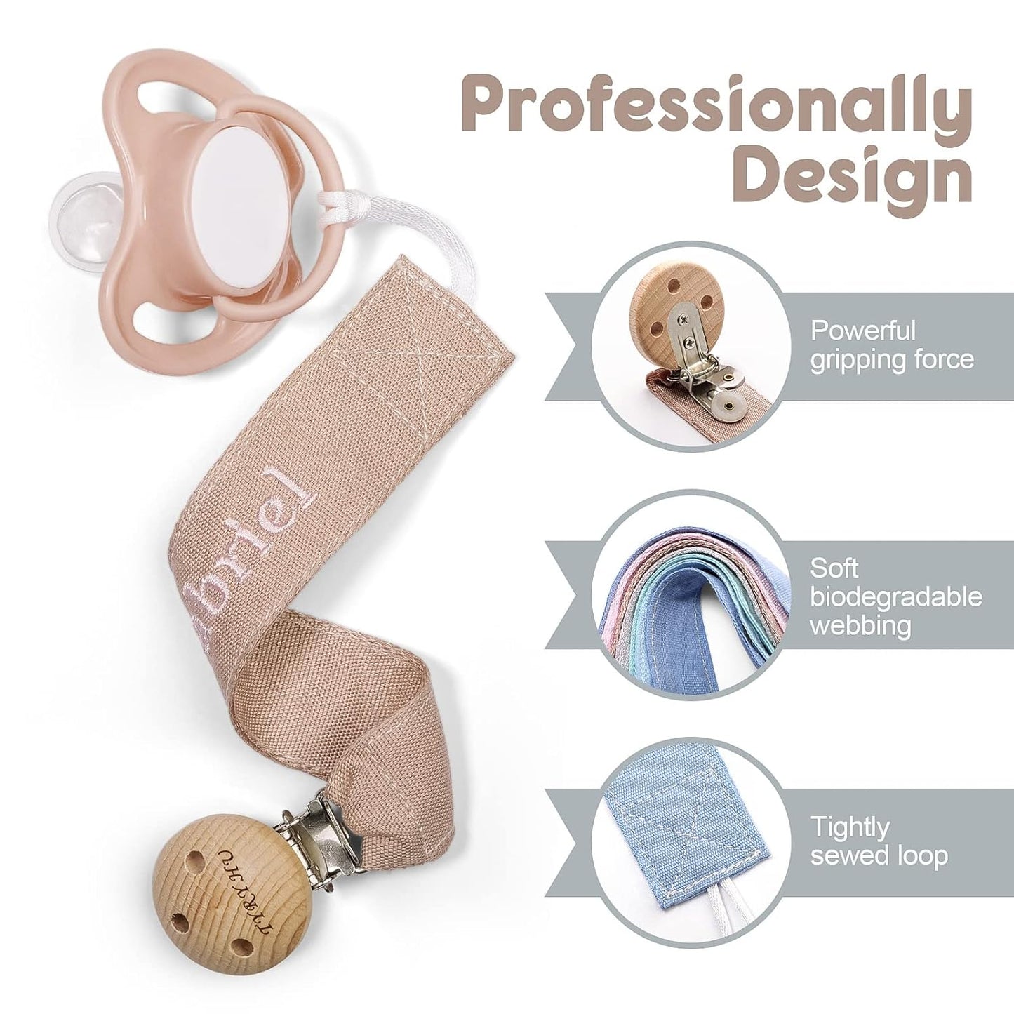 TYRY.HU Personalized Pacifier Clip with Name, Embroidery Pacifier Holder for Baby Girls and Boys, Neutral Binky Clips Universally Fit All Pacifiers & Baby Toys, Baby Gift, 2 Pack(Grey,Khaki)