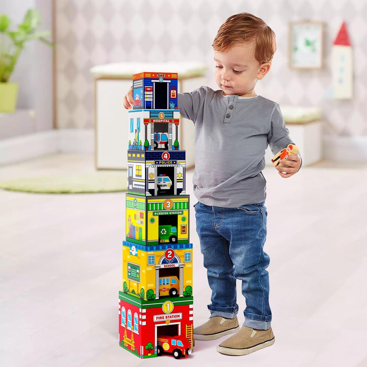 Atoylink Toddler Sorting and Stacking Toys with Magnetic Wooden Cars & Community Helpers, Baby Number Blocks Nesting Boxes Preschool Learning Montessori Toys for 1 2 3 Year Old Boys Girls Gift