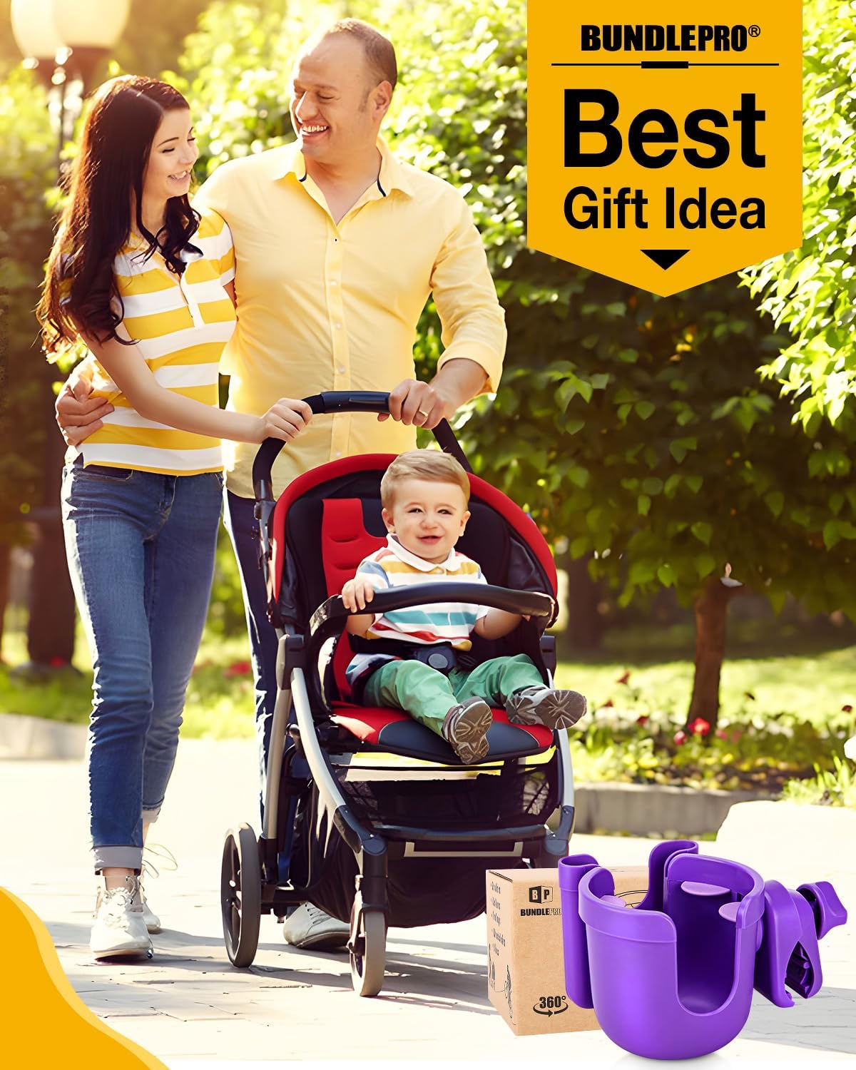 Universal Stroller Cup Holder with Mobile Phone Case, 2-in-1 Strollers Storage Rack, 360 Degrees Rotation Drink Holder for Bike, Pushchair, Wheelchair, Walker,Bicycle, Fits Most Cups (Purple)