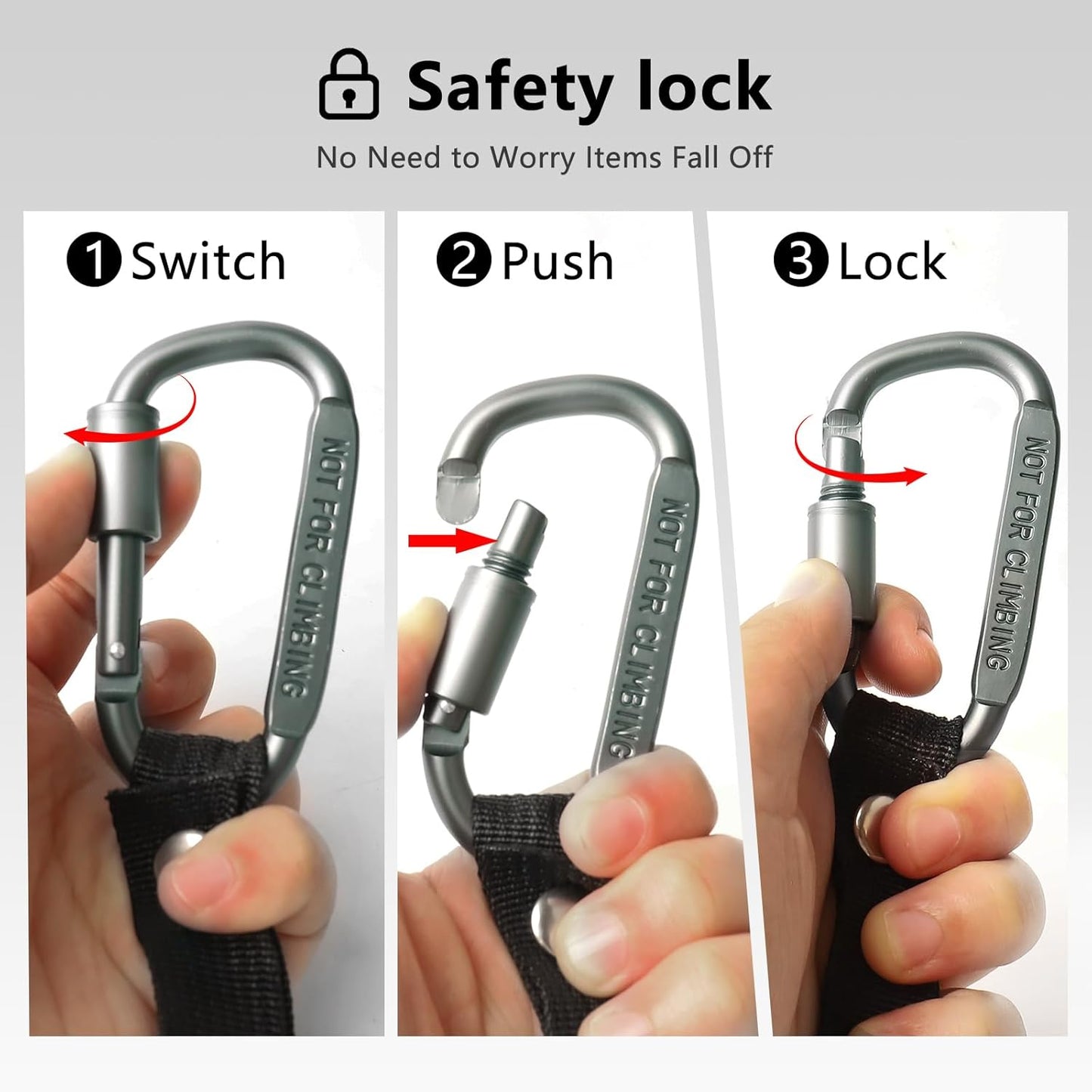 Stroller Hooks for Bags with Locking Stroller Carabiner Clip – Heavy-Duty Hooks for Diaper Bags, Groceries, Backpacks on Strollers, Bikes & Shopping Carts (Grey, 4 Pieces)