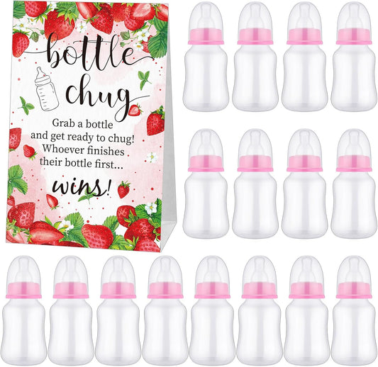 TrelaCo Bottle Chug Baby Shower Game 20 Pcs Baby Bottles Shower Favor with 1 Strawberry Theme Sign for Gender Reveal Party Supplies Gifts(Pink)