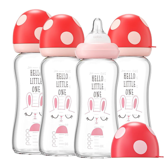 YOHKOH Natural Glass Baby Bottle with Natural Response Nipple, Newborn Anti-Colic Baby Bottles, Wide Neck Mushroom Cap Baby Bottle, Clear (8.8ounce (Pack of 4), Red1)