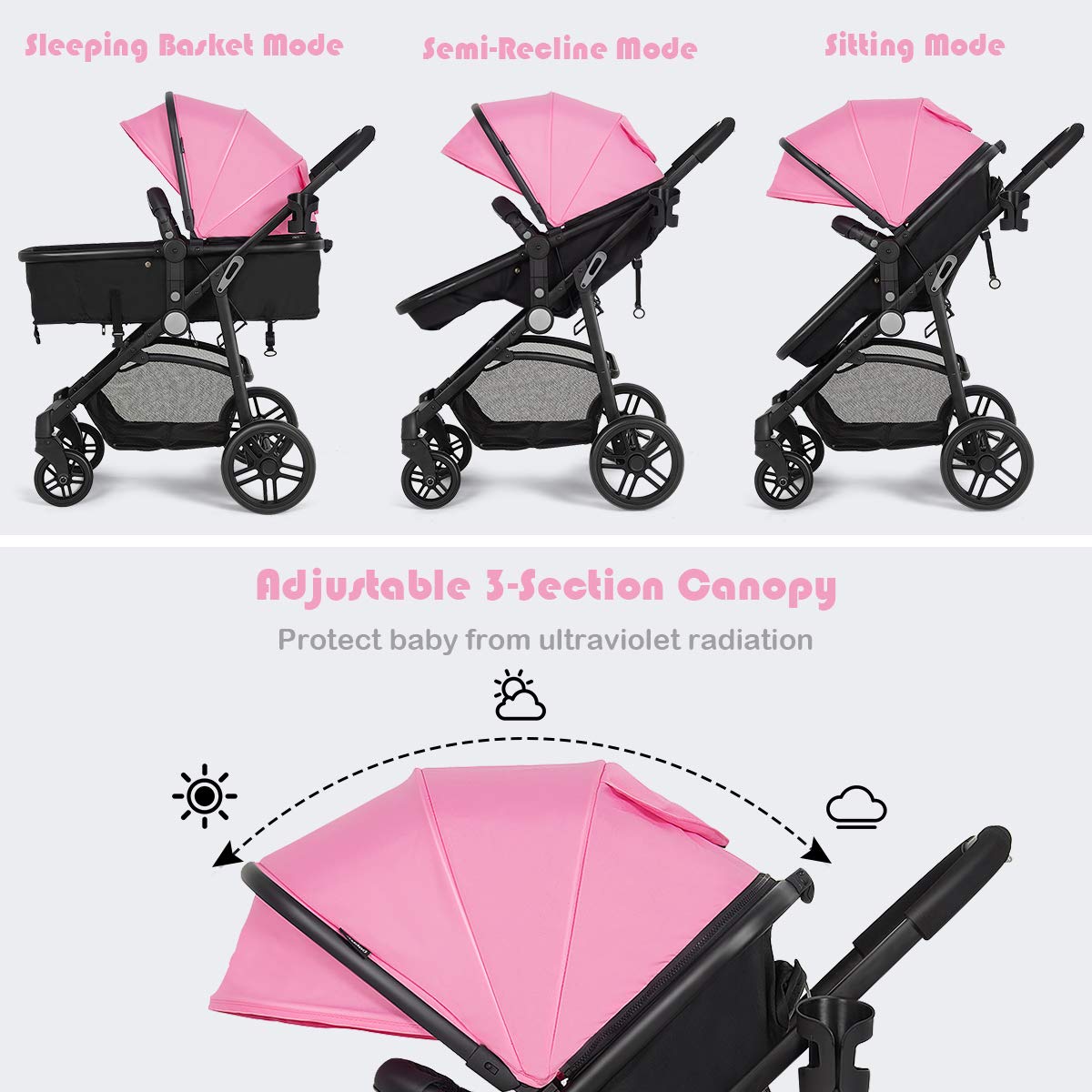 BABY JOY Baby Stroller, 2 in 1 Convertible Carriage Bassinet to Stroller, Pushchair with Foot Cover, Cup Holder, Large Storage Space, Wheels Suspension, 5-Point Harness (Pink)