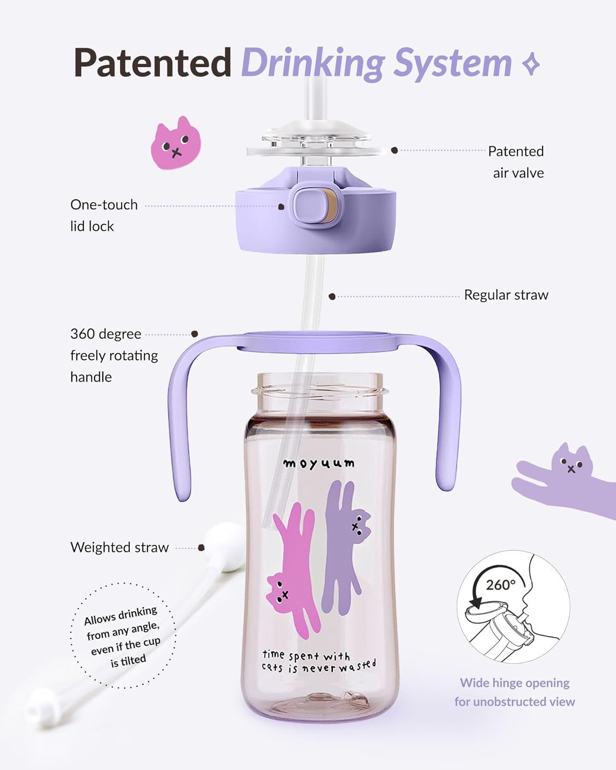MOYUUM Leak Proof Sippy Cup with Handle | Made in Korea, 100% BPA Free PPSU, Magic No Spill Straw Cup with Attached Flip Top Lid, Easy to Hold for Babies and Toddlers, 6oz Purple