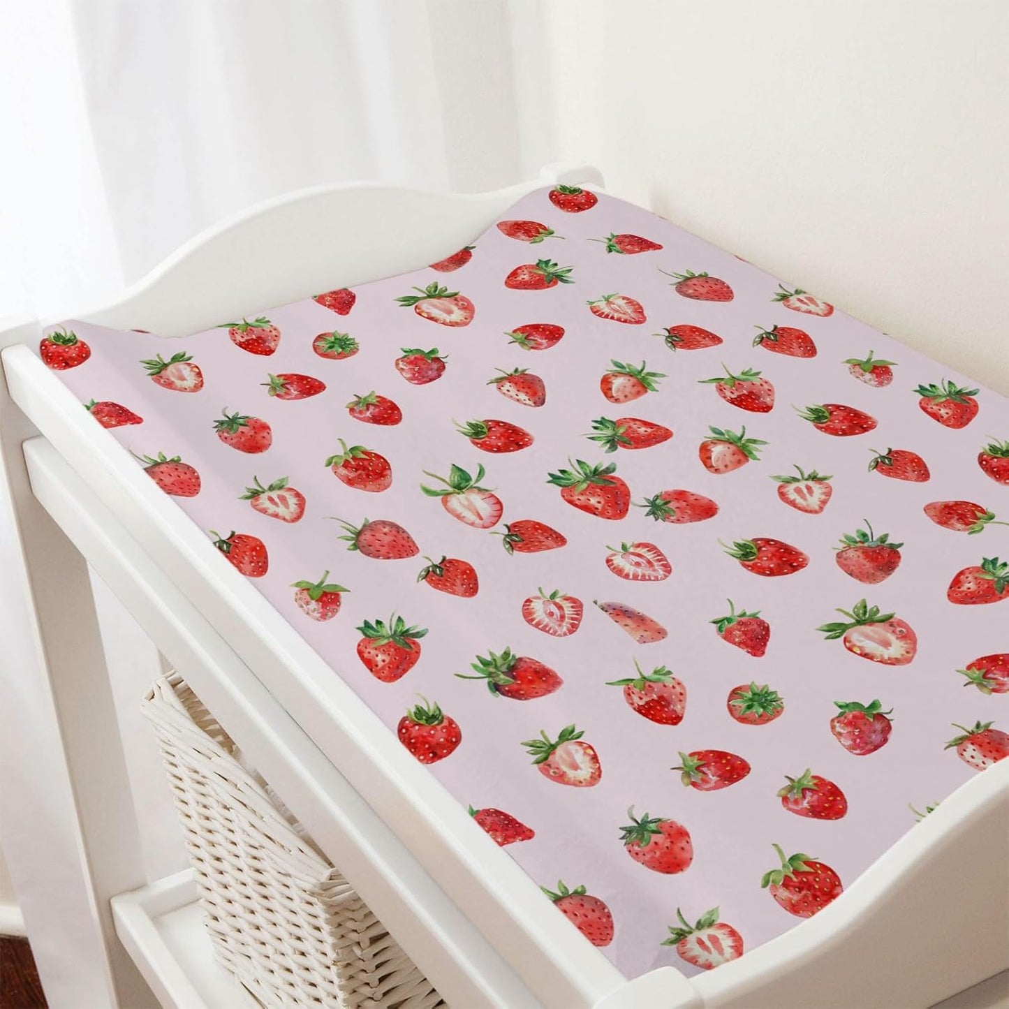 Watercolor Strawberries Changing Pad Covers Cute Strawberry Pink Unisex Diaper Changing Table Sheets for Boys Girls Boho Summer Fruits Soft Breathable Stretchy Baby Change Table Pad Mats 32''x16''