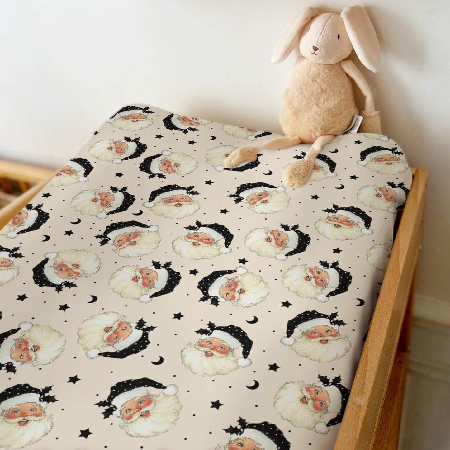 Vintage Christmas Santa Claus Baby Changing Pad Covers for Boy Girl Retro Santa Fir Leaves Moon Stars Fitted Changing Table Mats Winter Holiday Festive Soft Diaper Change Table Cover Sheets 32''×16''