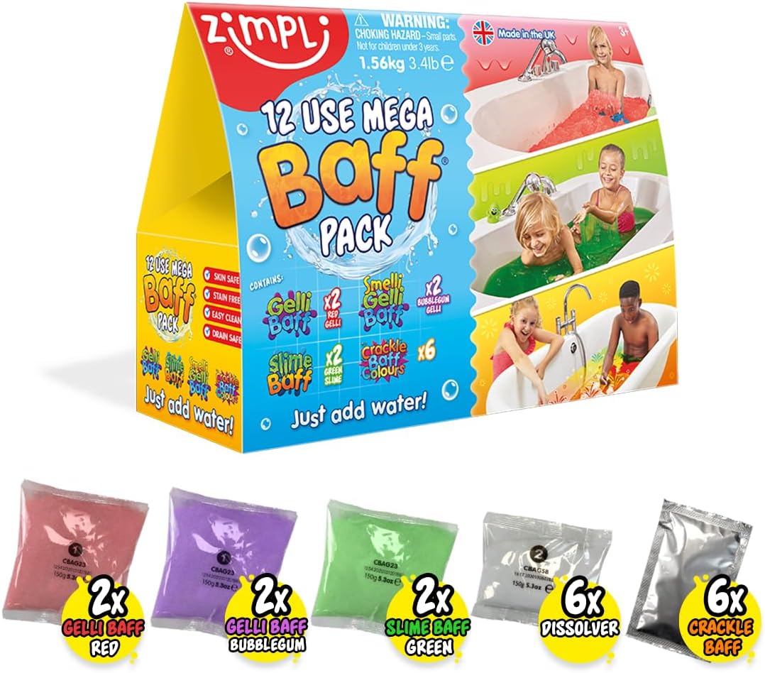 Zimpli Kids 12 Use Mega Value Baff Pack from, 4 x Gelli Baff, 2 x Slime Baff & 6 x Crackle Baff, Children's Sensory & Bath Toy, Birthday Presents for Boys & Girls, Certified Biodegradable Gift
