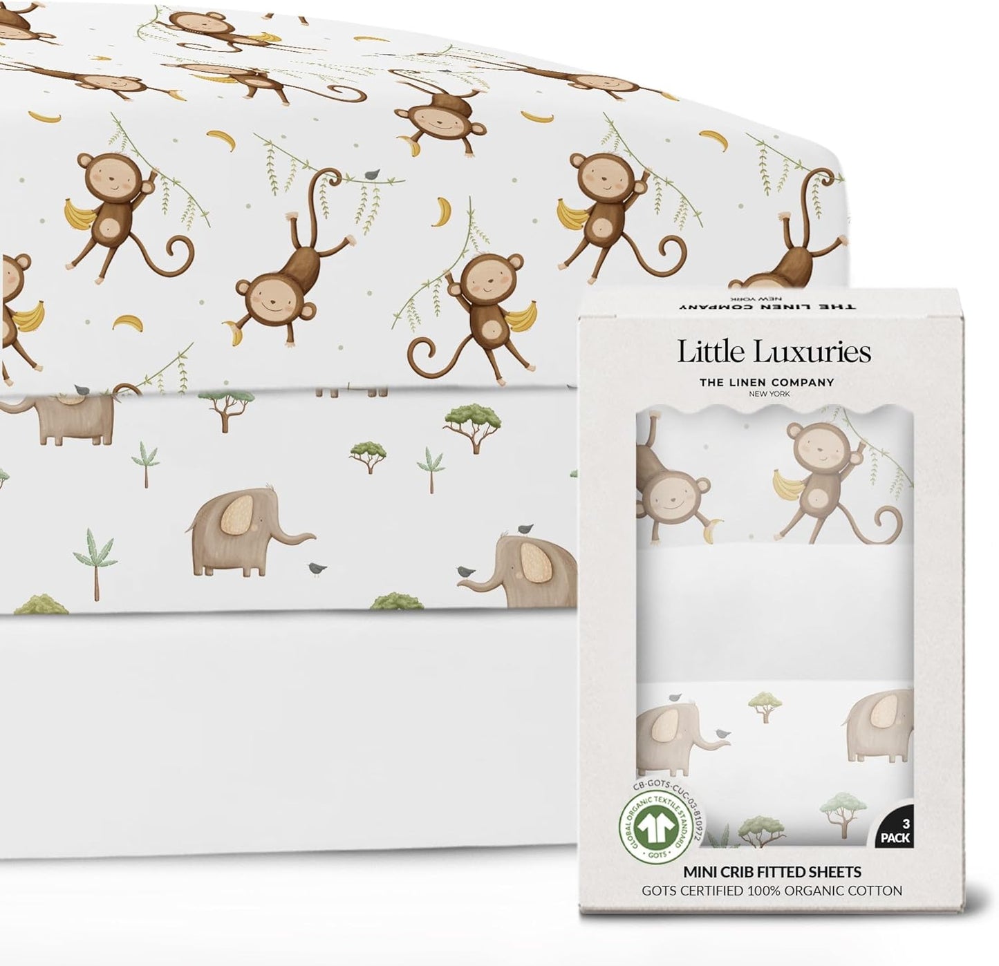 100% Organic Cotton Mini Crib Sheets (3-Pack) - GOTS Certified - Breathable Pack n Play Sheets Fitted - Double-Elastic for Secure Fit, Extra Protection for Your Baby - Gender-Neutral Prints (27"x39")