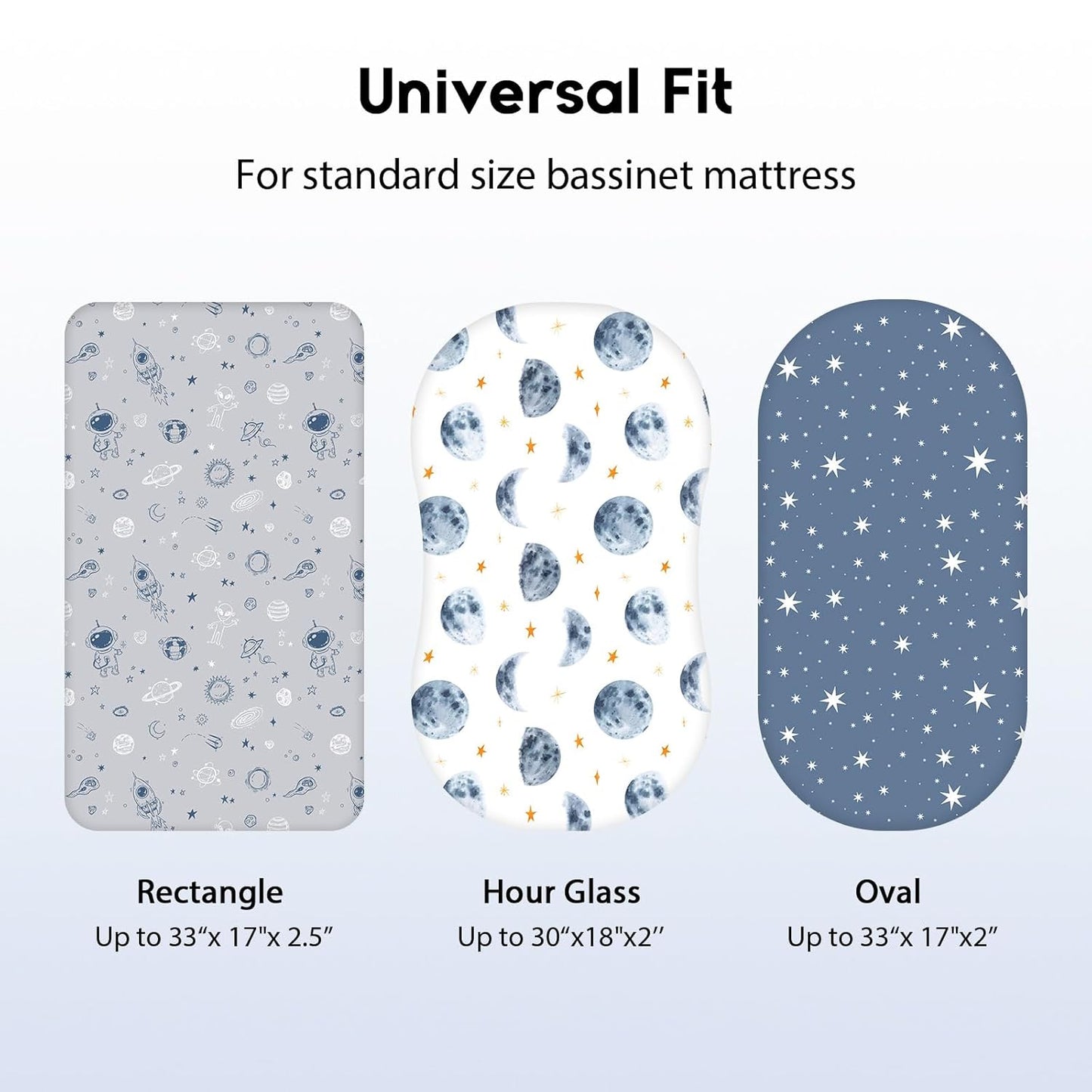 Baby Bassinet Sheets Girl Boy, Fitted Bassinet Sheet Set 3 Pack Bassinet Mattress Sheets Universal Fit for Rectangle, Round, Oval, Hourglass Mattress, Soft Breathable Grey & Blue Moon
