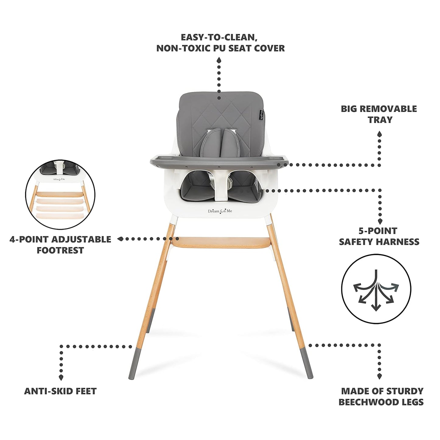 Dream On Me Nibble 2-in-1 Wooden Highchair | Convertible Baby Feeding Chair with Removable Tray, Adjustable Footrest, 5-Point Harness, Lightweight Modern Design for Infants & Toddlers