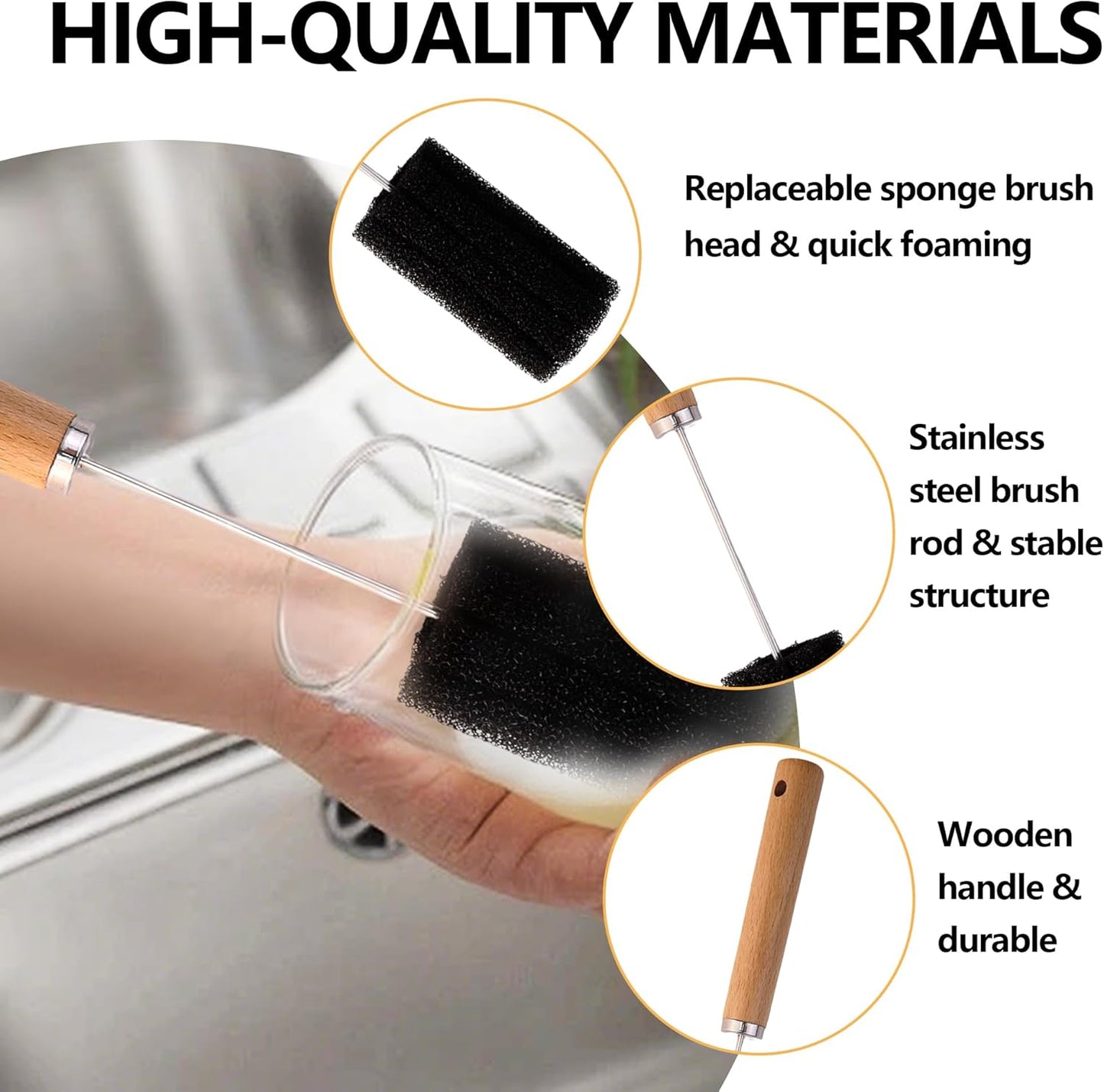 Water Bottle Cleaner Brush Baby Bottle Cleaner Brush Set Long Handle Sponge Cleaning Brush for Beer Bottles, Cups, Wine Glasses, Coffee Mugs, Tumblers, Thermos,Replaceble Brush Head (3-Pack)