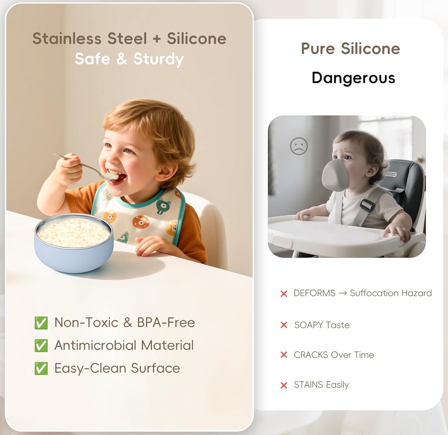 Bella's Friends Stainless Steel Baby Bowls with Silicone Sleeve 3 Pack, 4.3” for Toddlers Kids Feeding, Non-Slip, Non-Toxic, Mess-Free, Dishwasher Safe, Fit High Chair Size, Rose green Khaki