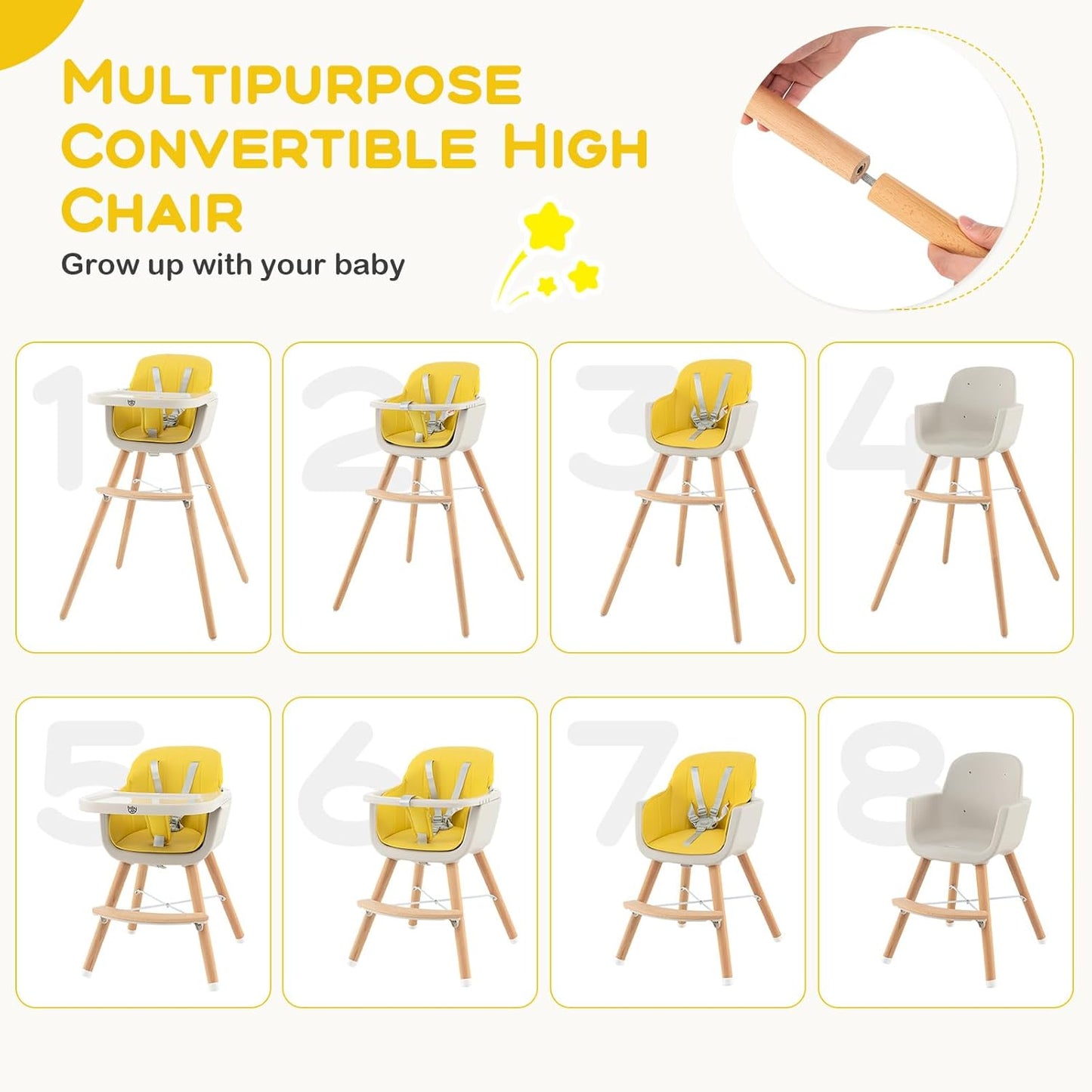 BABY JOY Convertible Baby High Chair, 3 in 1 Wooden Highchair/Booster/Chair with Removable Tray, Adjustable Legs, 5-Point Harness, PU Cushion and Footrest for Baby, Infants, Toddlers (Yellow)
