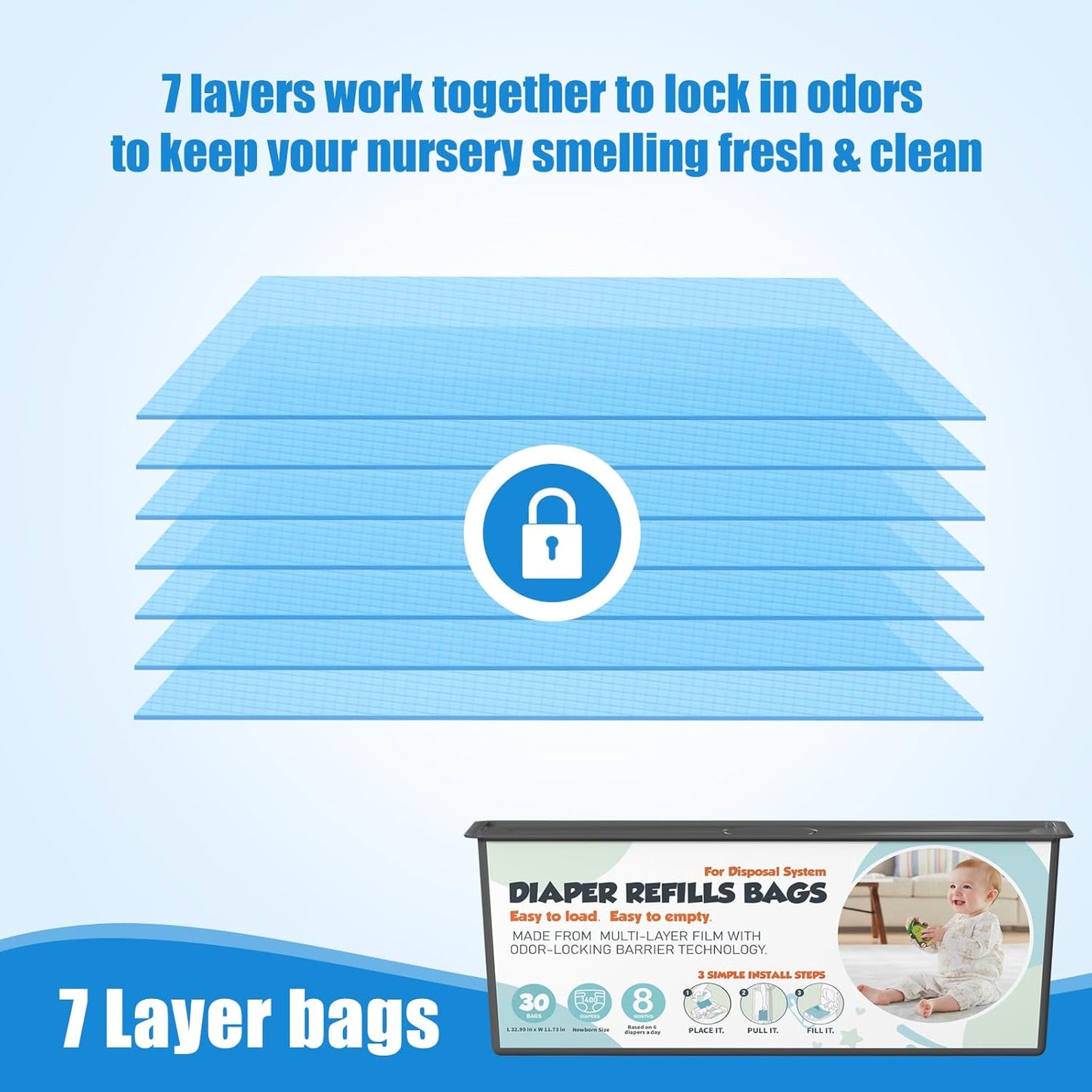 Diaper Pail Refills Bags with 30 Bags Compatible with Genie Easy Roll Signature and Platinum Diaper Pails, 7-Layer Odor-Barrier Technology, 6 Pack (180 Bag)