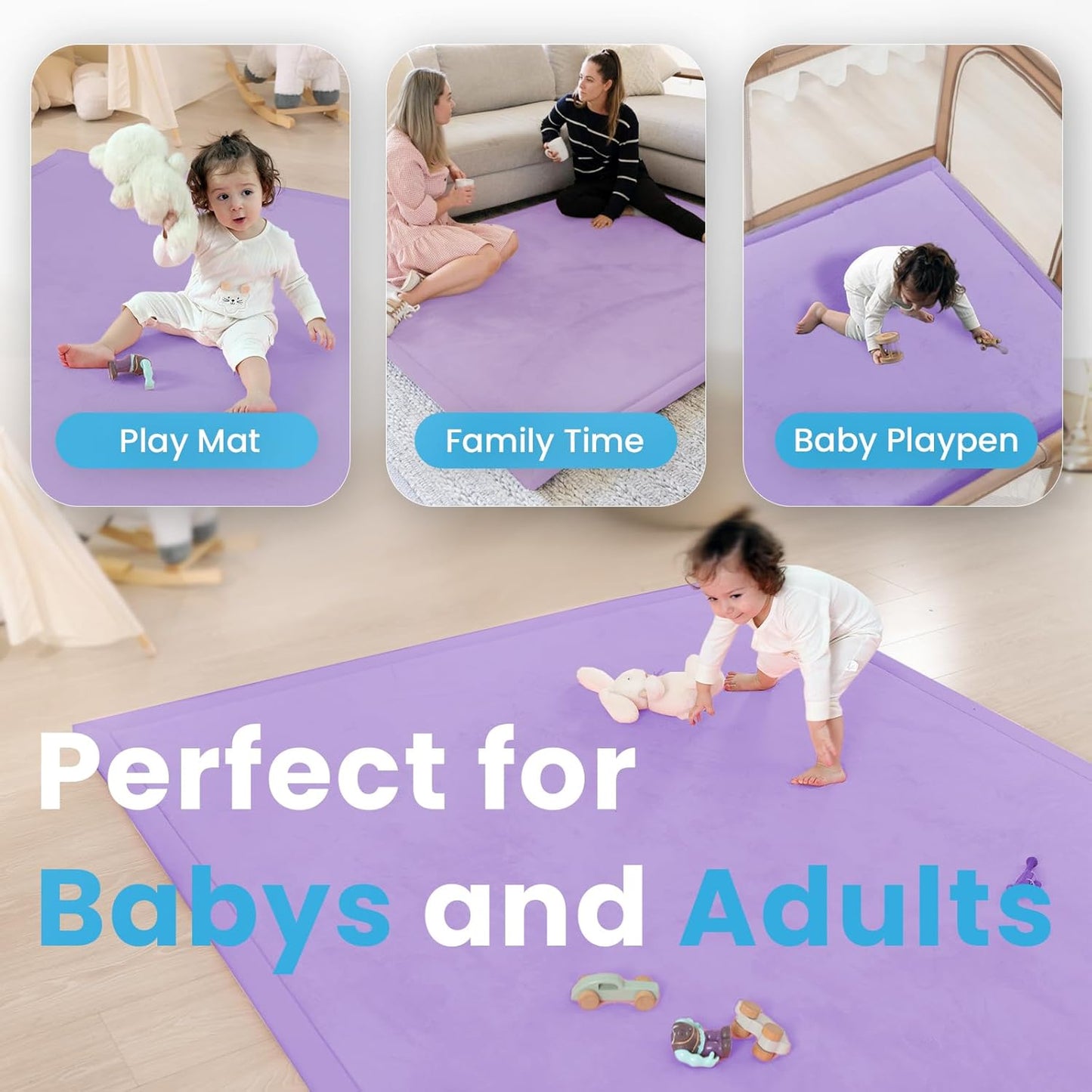 1.3" Thick Baby Play Mat for Floor, 39x59 Foam Tummy Time Mat, Padded Support Soft Plush Nursery Rug for Infant Kids Toddler Crawling Kick Activity (Lavender)