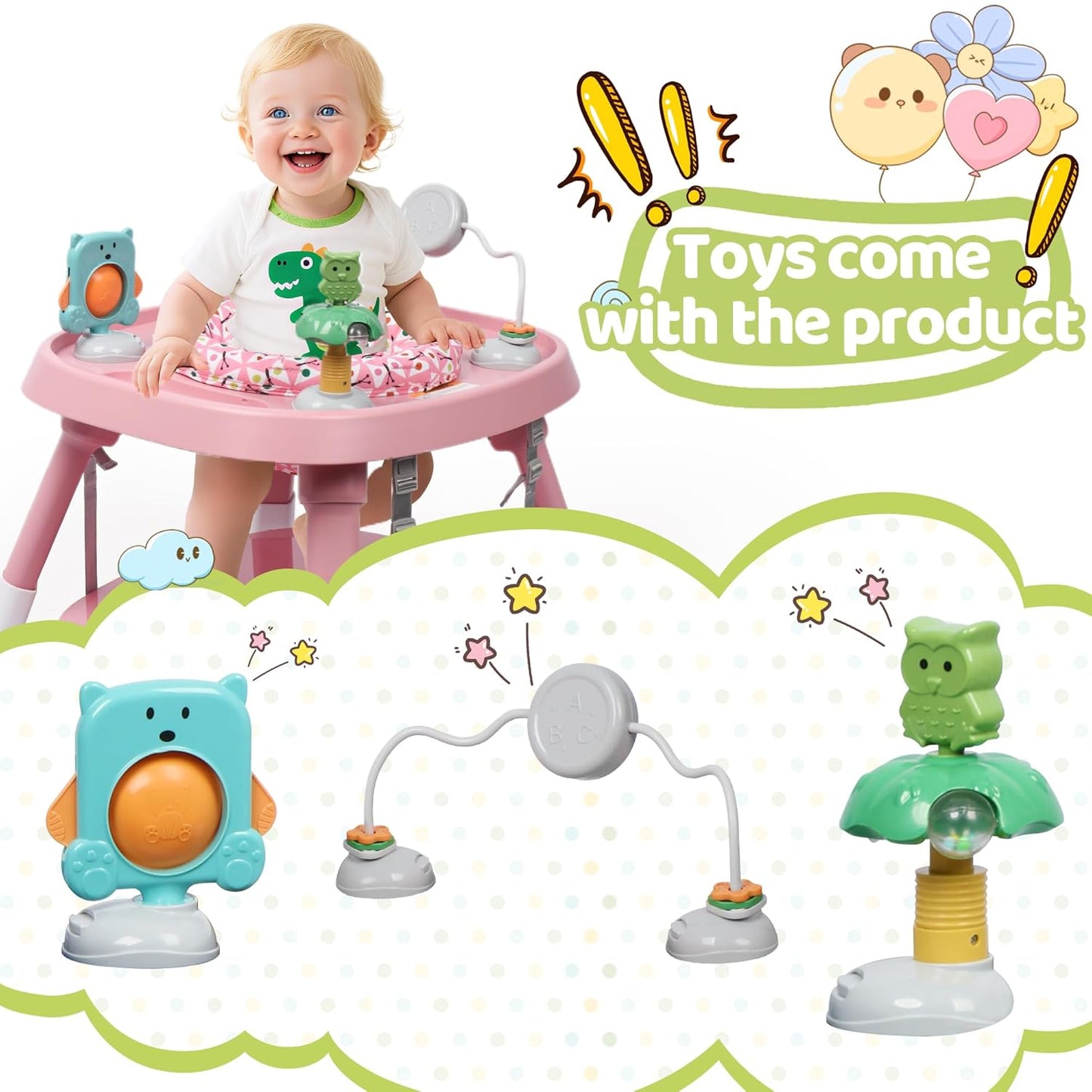 15 in 1 Convertiable High Chair for Babies and Toddlers, 2 in 1 Highchair & Activity Center w/Toys, Booster Seat, Toddler Chair w/5-Point Harness & Removable Tray & 2-Layer Cusion (Pink)