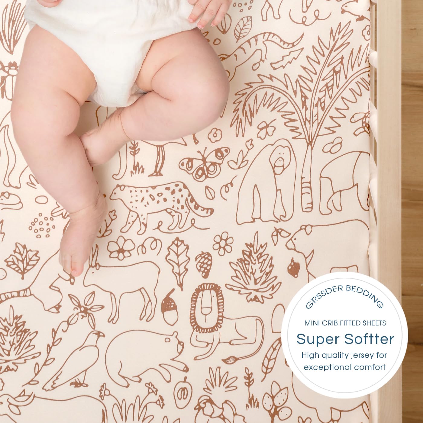 Stretchy Ultra Soft Jersey Knit Pack n Play Sheets Set 2 Pack, Portable/Mini Crib Sheets for Boys and Girls, Universal Fit for Pack N Plays Safe and Snug, Stylish Playard Sheets of Cute Animals Print