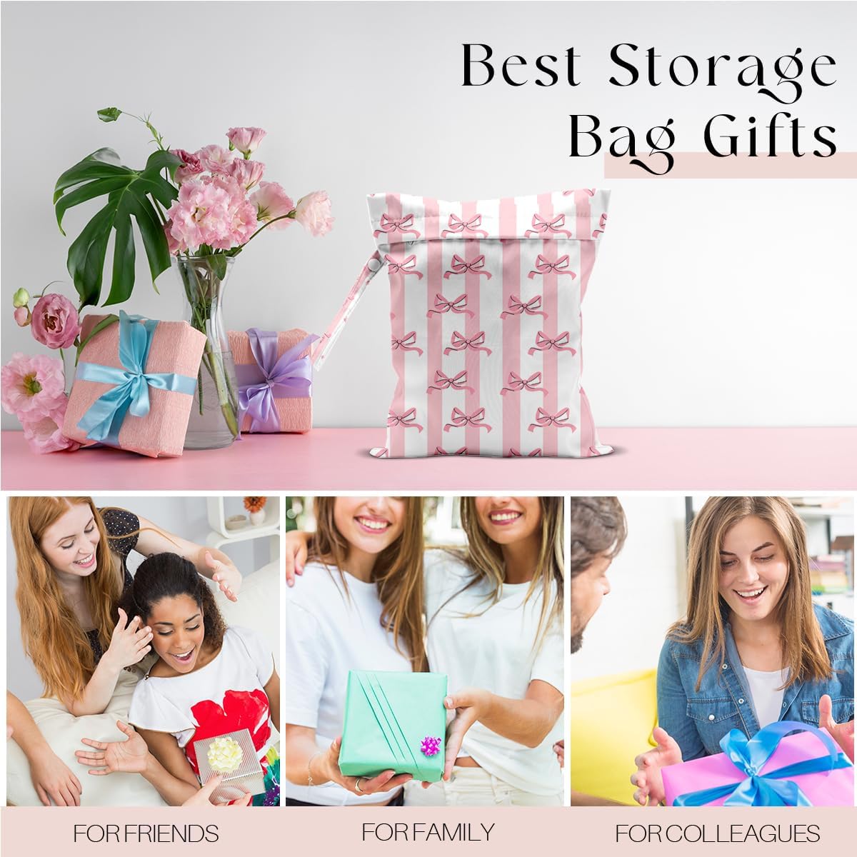 Wet Bag for Swimsuit, Beach Travel Essentials Wet Dry Bag, for Sunscreen Toiletry Dirty Clothes Yoga Gym Diaper, Friends Summer Beach Vacation Gifts. Pink bow stripes
