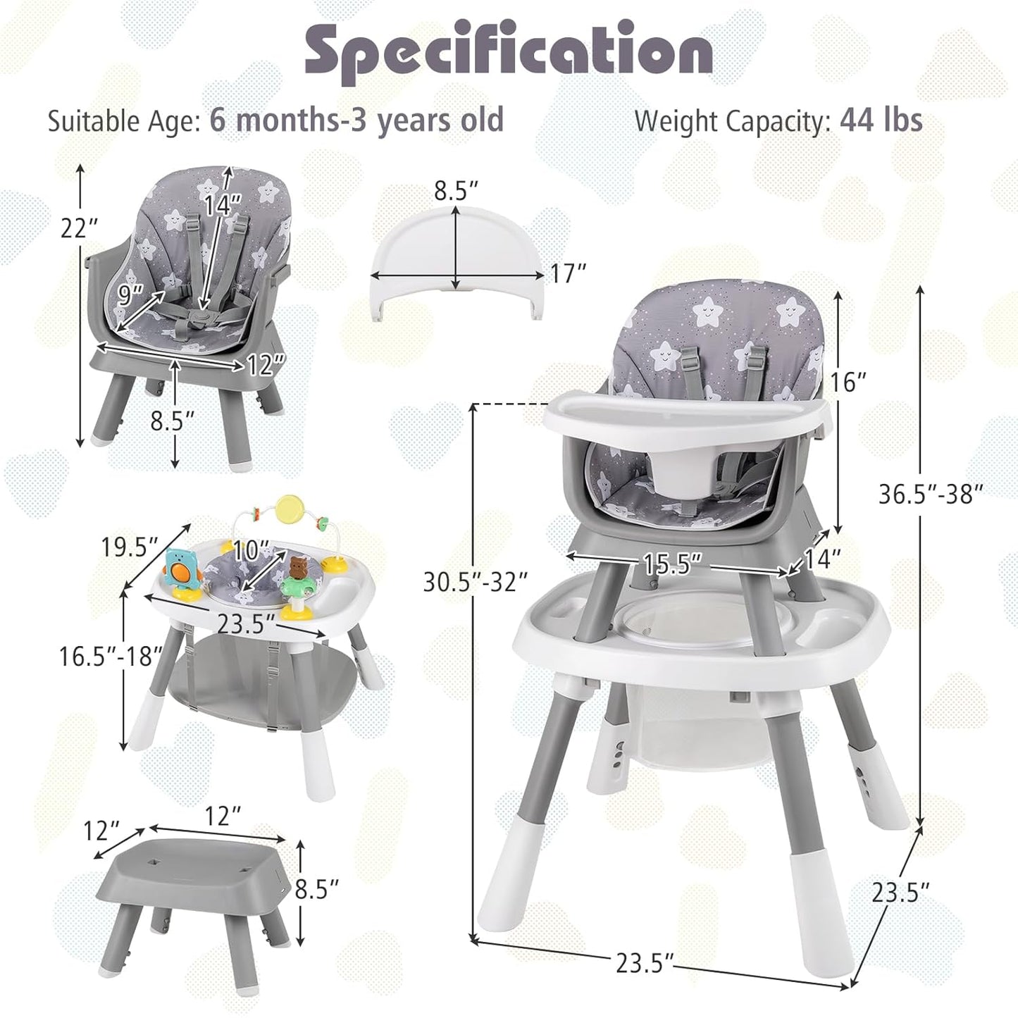 KOTEK 16 in 1 Convertible High Chair, Baby Highchair & Activity Center with Toys, Booster Seat, Building Block Table, Toddler Chair with 5-Point Harness, Removable Tray & Cushion (Gray)