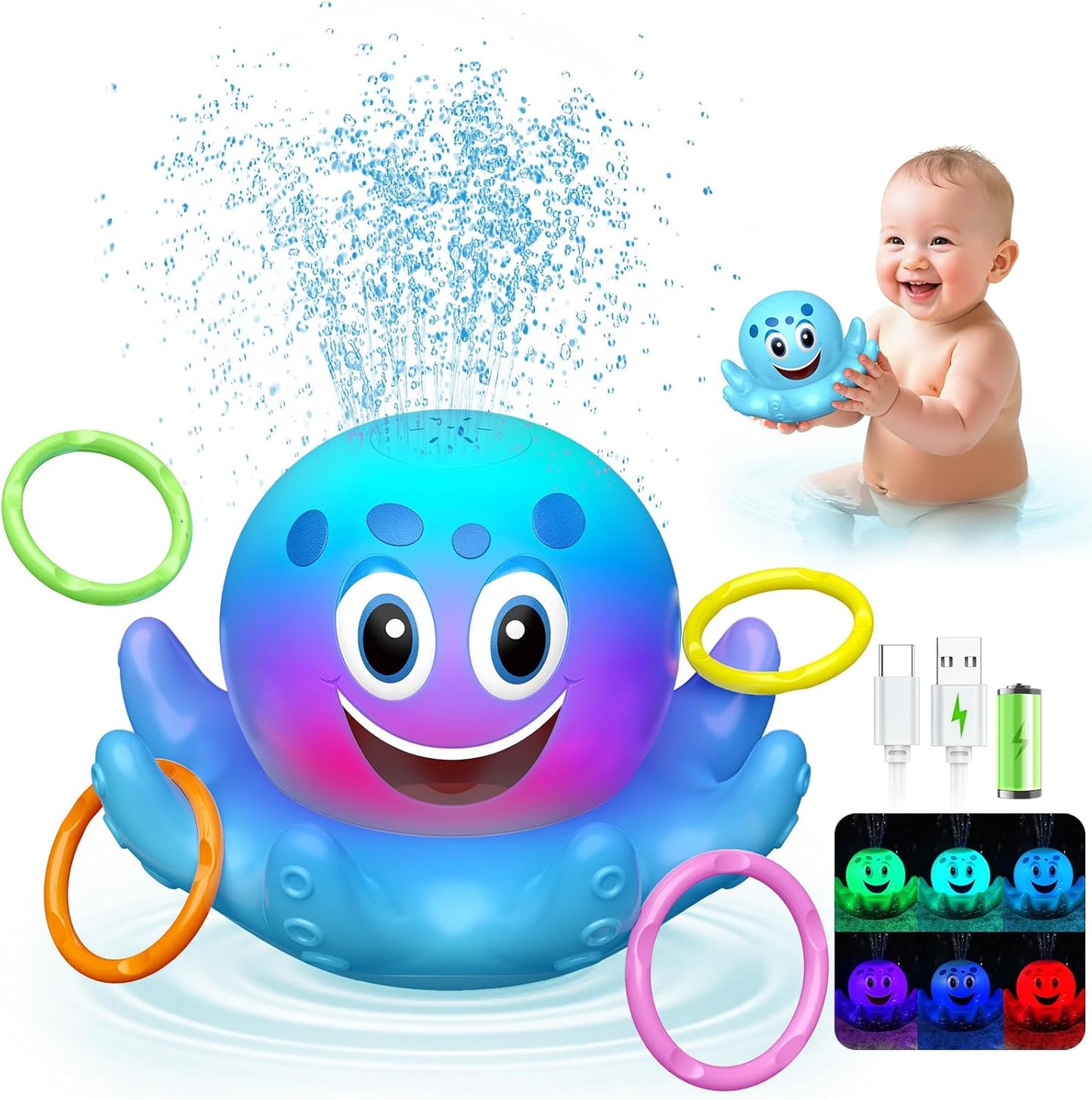 Octopus Bath Toys for Toddlers| Rechargeable Automatic Sprinkler Water Toys with LED Lights & 4 Toss Rings,150 Mins Battery Life,Baby Toys for 6-12 12-18 Months Gifts for Boys Girls 1-5 Years Old