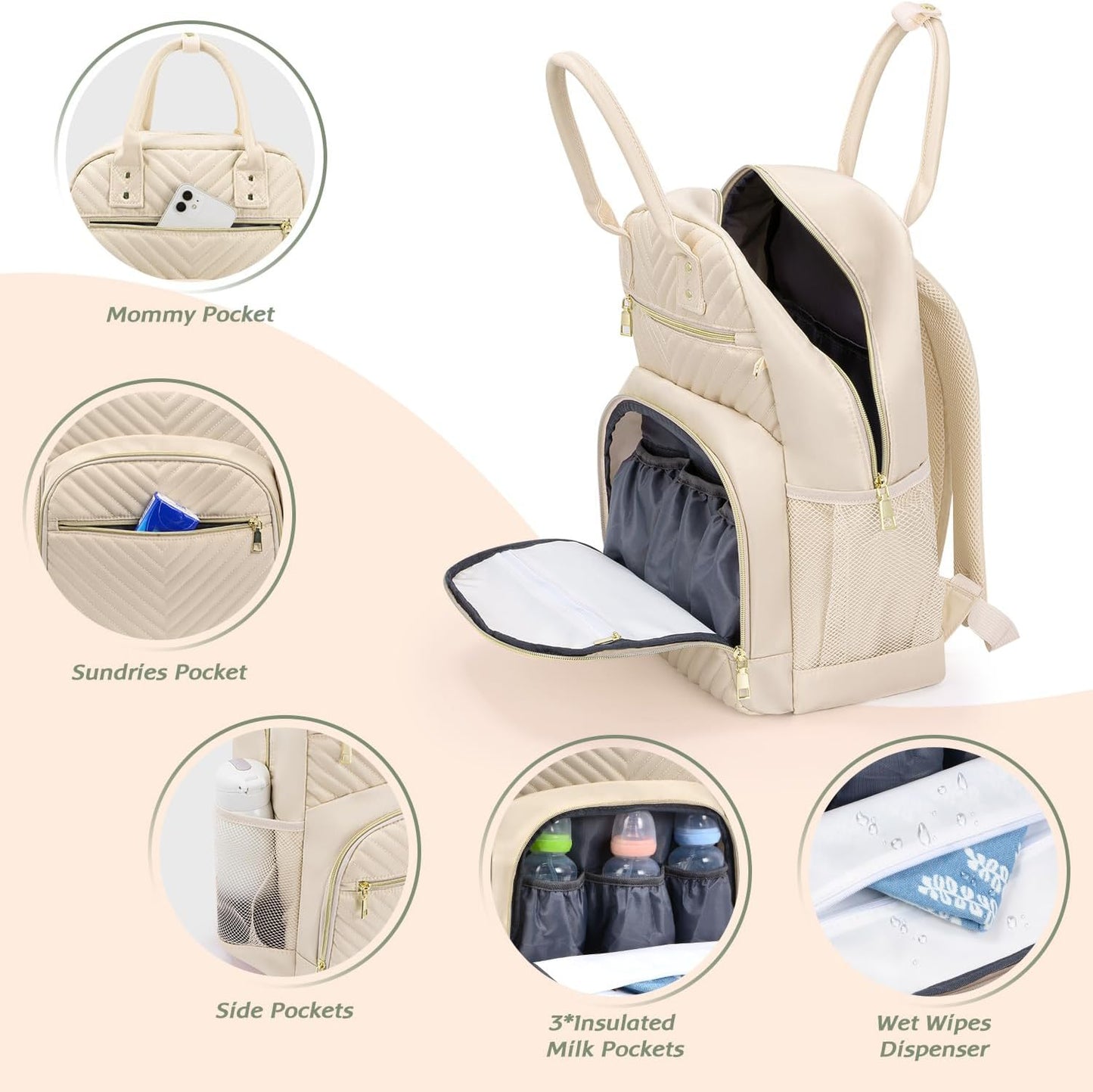 Diaper Bag Backpack,Baby Essentials Diapers Bag with Pacifier Case,Multipurpose Stylish Large Capacity Travel Backpack for Baby Girl/Boy(M-Beige)
