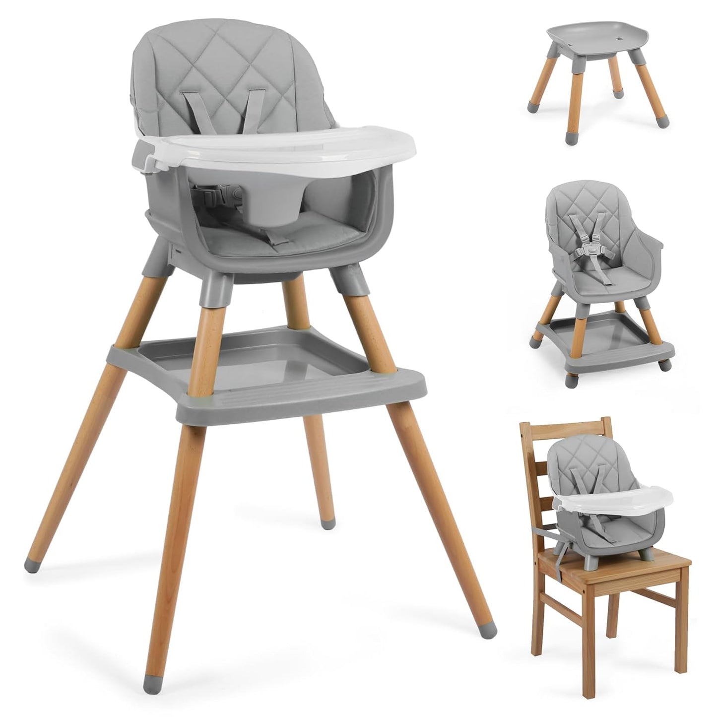 8 in 1 Wooden High Chairs for Babies Toddlers, Convertible to Booster Seat, Baby Feeding Highchair w/ 5-Point Safety Harness, Removable Tray & Cushion, Gray