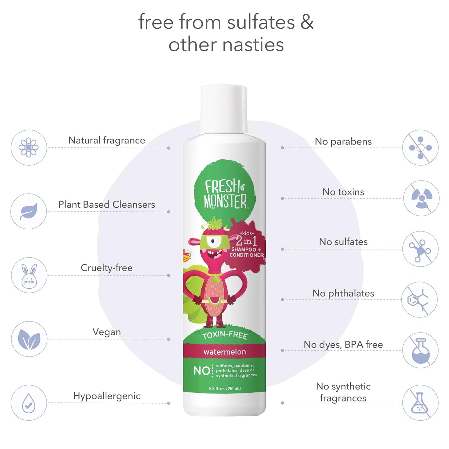 Fresh Monster 2-in-1 Kids Shampoo & Conditioner, Toxin-Free, Hypoallergenic, Tear-free Shampoo & Conditioner for Kids, Watermelon (2 Pack, 8.5oz/each)