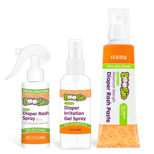 Boogie Diaper Rash Baby Bundle – Rash Spray, Extra Strength Paste, and Irritation Gel Spray – Diaper Bag Essentials for Newborns, Infants, & Toddlers, Set of 3 Baby Must Haves