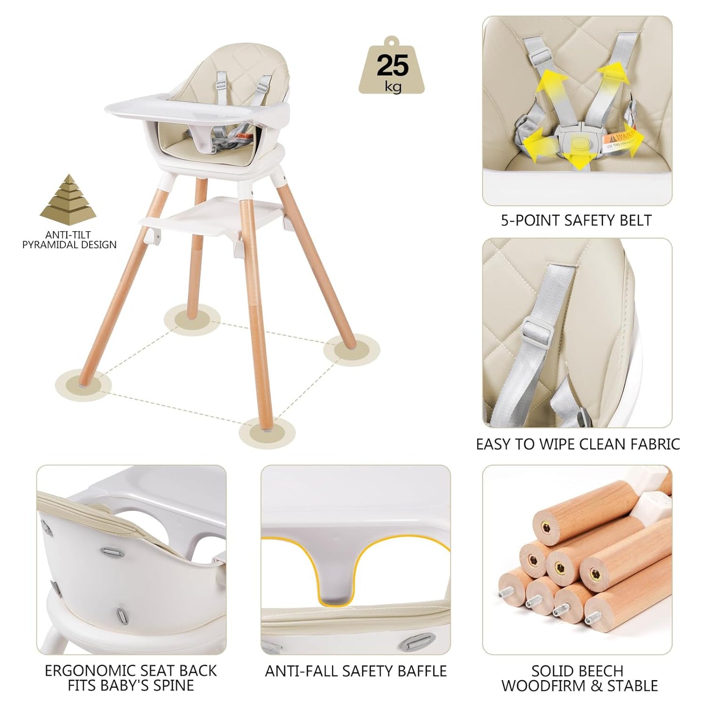 6 in 1 Baby High Chair, Convertible Wooden High Chairs/Booster Seat for Babies and Toddlers, Baby Feeding Chair with 5-Point Harness/Double Removable Tray & Adjustable Footrest (Beige)