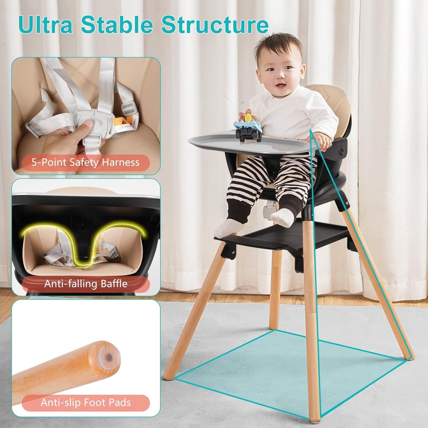 High Chair, 6 in 1 Wooden Convertible High Chairs for Babies and Toddlers, Booster Seat with Double Tray & Reversible Footrest Baby Highchair, 5-Point Harness Baby Feeding Chair, Black