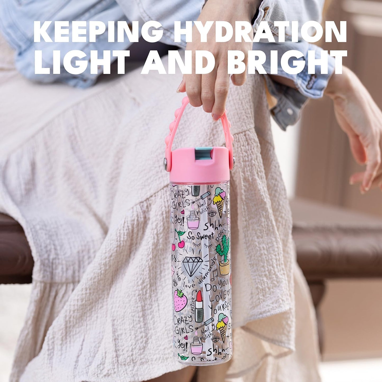 Elemental Splash Water Bottle with Straw - BPA-Free Tritan Plastic Reusable Water Bottle with Pop It Strap - Ideal for Travel, Gym and Sports - Leak Proof when Spout is Closed - 26oz - Girl Power