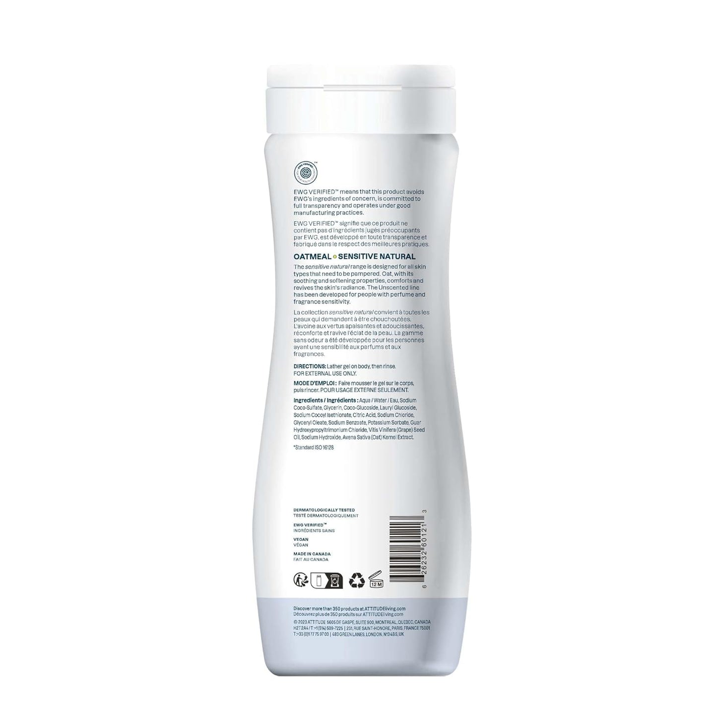 ATTITUDE Body Wash for Sensitive Skin with Oat, EWG Verified, Dermatologically Tested, Vegan, Extra Gentle, Unscented, 16 Fl Oz