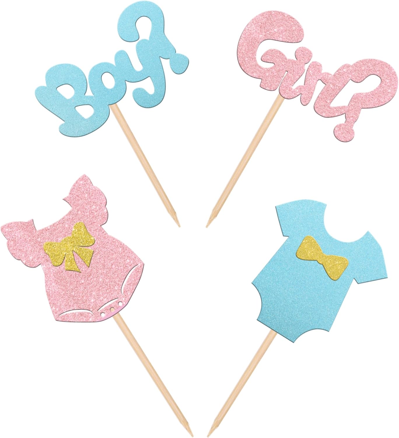 Rsstarxi 24pcs Cake Topper Paper Boy or Girl Toppers with Glitter Bow Tie Skirt, for Baby Shower, Birthday & Gender Reveal Party Decorations