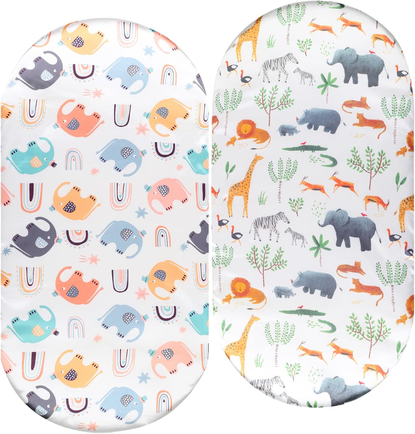 Bassinet Sheet Set 2 Pack Satin Ultra Soft Silk Fit for Rectangle, Hourglass, Oval Bassinet Mattress Protect for Baby Hair and Skin Cradle or Bassinet Sheets, Elephant & Rhino Lion