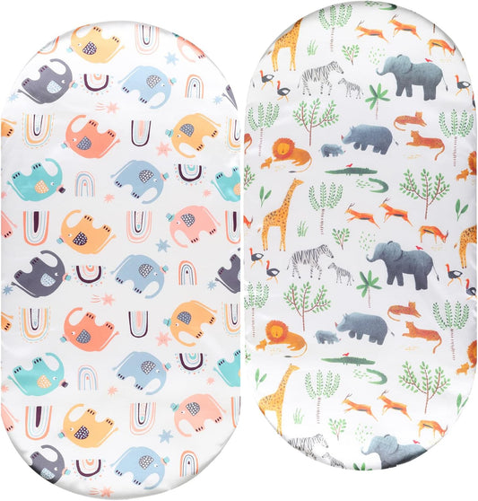 Bassinet Sheet Set 2 Pack Satin Ultra Soft Silk Fit for Rectangle, Hourglass, Oval Bassinet Mattress Protect for Baby Hair and Skin Cradle or Bassinet Sheets, Elephant & Rhino Lion