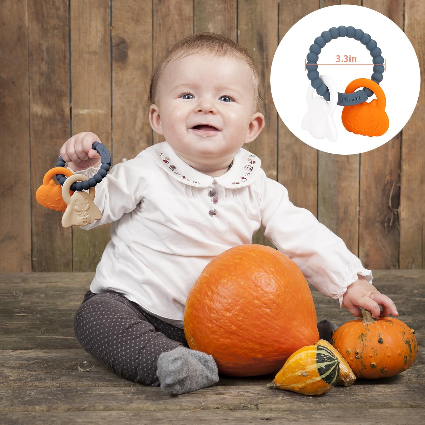 Silicone Teething Ring Toy, Halloween Baby Teether Toys with Rattles Pumpkin and Ghost, Sensory Chew Toys for Babies 3-6-12 Months to Soothe Sore Gums,Dark Grey