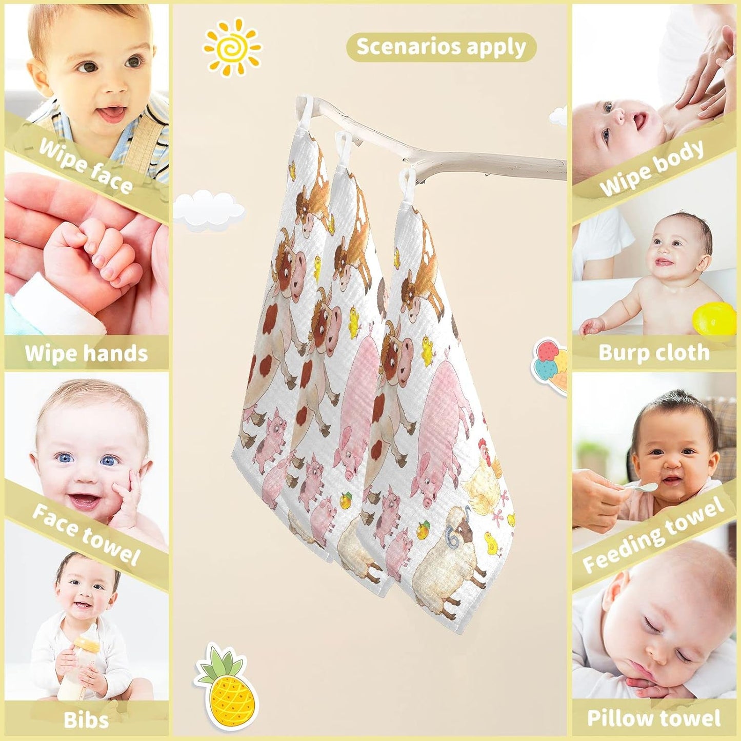 Cow Pig Sheep Chick Baby Muslin Washcloths Farmhouse Animals Burp Cloths Soft Absorbent Baby Wash Cloth Fingertip Face Towels for Newborn Boys Girls 12 x 12 in, 5 Pack