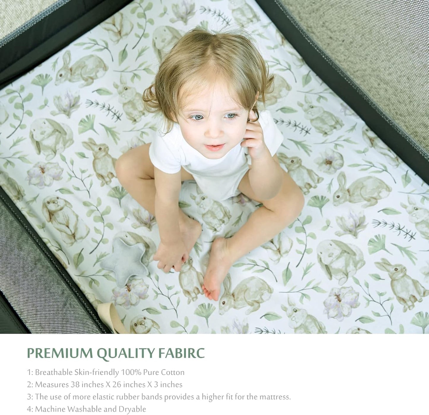 TCBunny 2 Pack Premium Fitted Baby 38X26 Mini Crib Sheets, Pack N Play Bassinet Sheets - Ultra-Soft 100% Cotton, Stylish Rabbit, and Garden Pattern, Safe and Snug for Baby