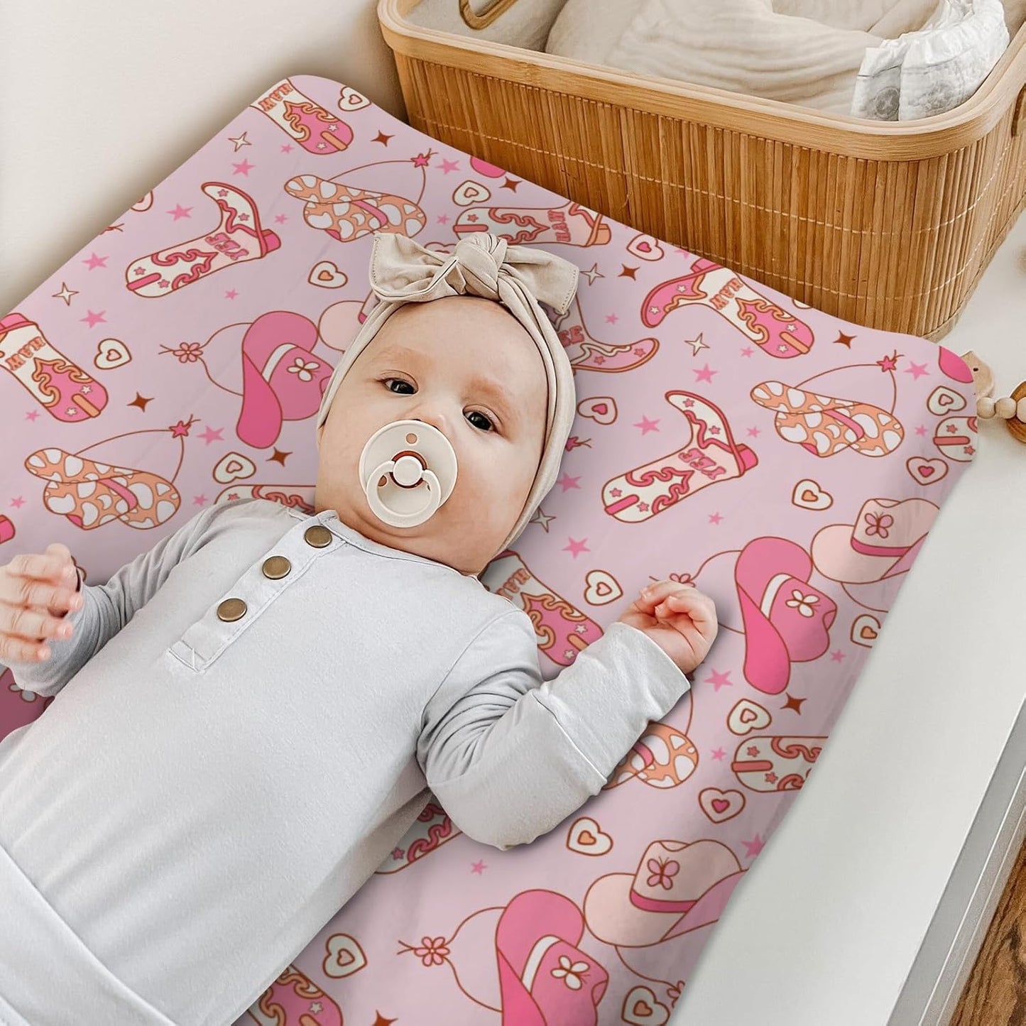 Western Cowgirl Yee Haw Hat Boots Changing Pad Cover for Baby Girls, Pink Cow Lover Star Wild West Diaper Change Table Covers, Soft Stretchy Safe Snug Fitted Changing Mat Sheets Fit 32