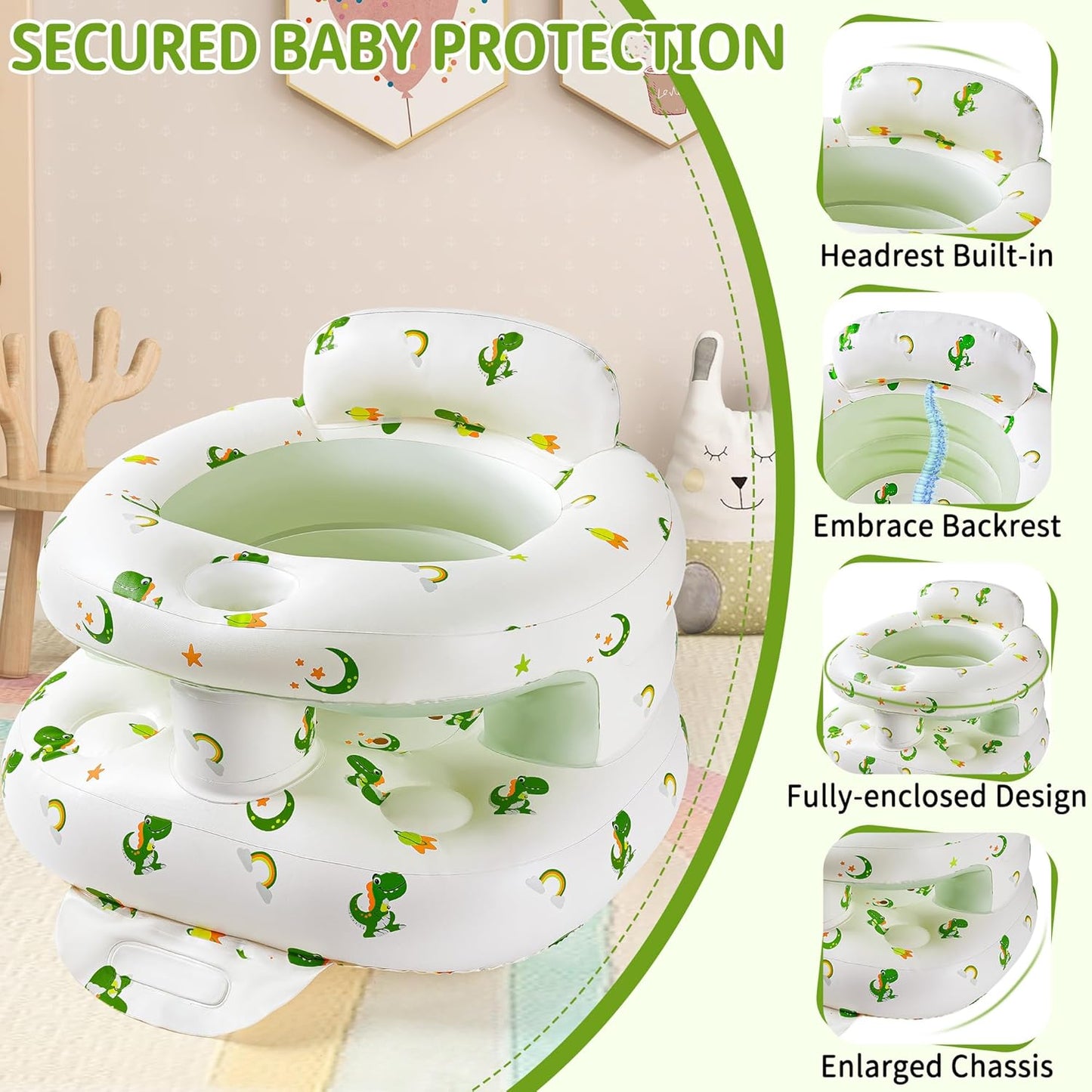 Inflatable Baby Seat with Full Enclosure, Comfortable Sit Me Up Baby Chair for Learning to Sit, Built in Air Pump Blow Up Infant Back Support Floor Seat for Babies 3 Months & Up (Dinosaur-Regular)