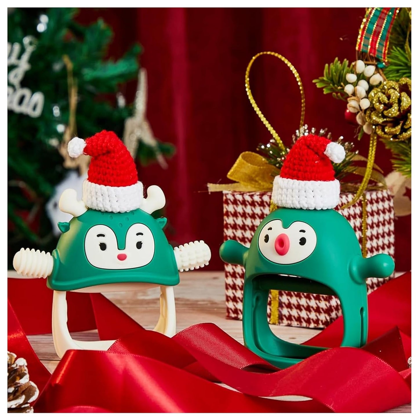 Smily Mia Baby Christmas Stocking Stuffers, Baby Teething Toys丨Penguin Teether for 0-6M, Reindeer Chew Toys for 3-6M,Teething Mittens for 6-12M Babies, My First Christmas Gift, Pine Green