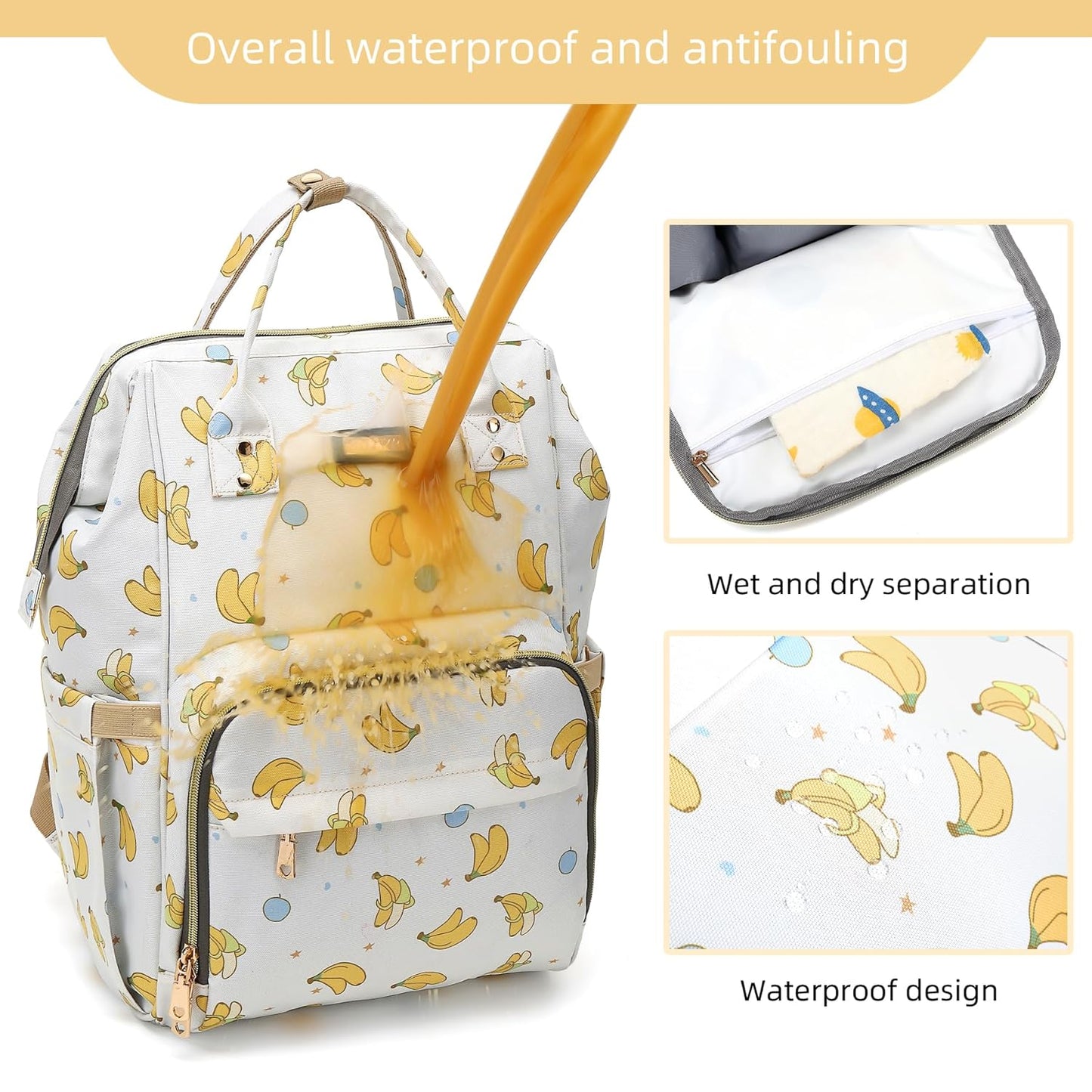 Diaper Bag Backpack, Diaper Bags for Baby Girls Boys, Baby Bags for Moms Dads, Nappy Changing Bag with Insulated Pockets,Multi-functional Waterproof Backpack with Stroller straps -Beige Banana