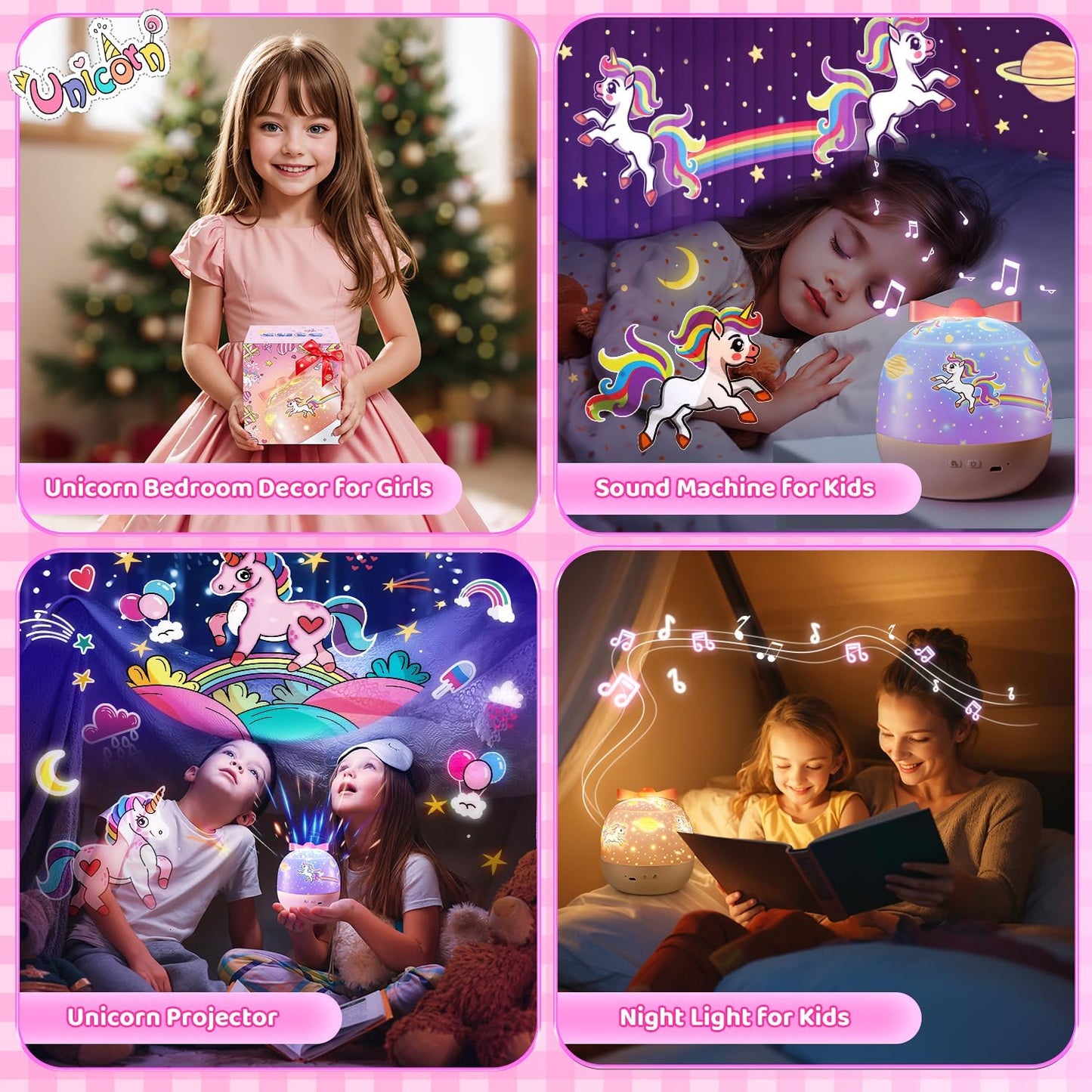 【GIFTS PACKAGE】Unicorn Gifts for Girls NightLight 15 Films+10 Music Soothing Sounds Machine Baby Night Light Projector, LED Star Lights for Ceiling Decor, Kawaii Unicorns Noise Machine for Girls Gifts