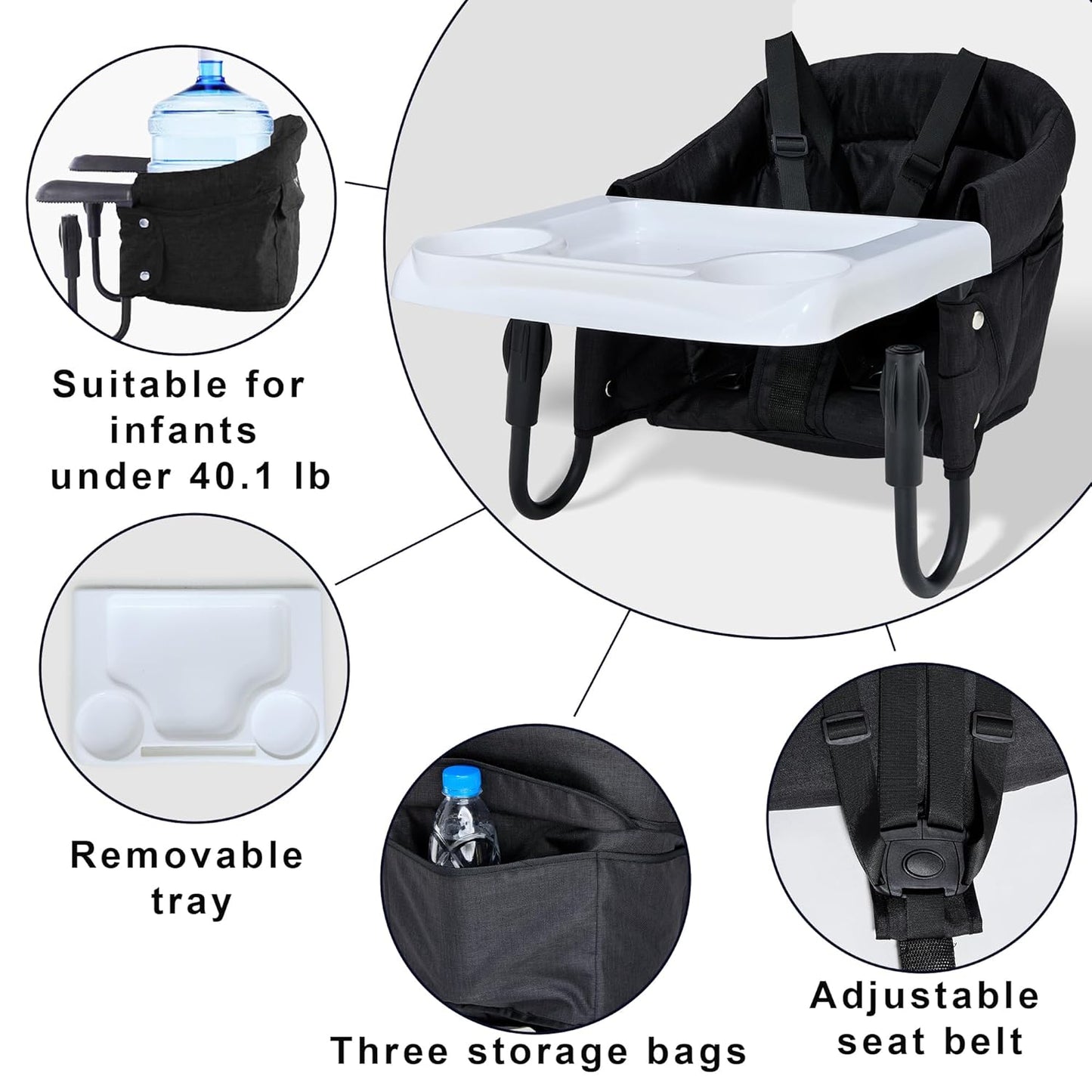 Portable Hook On High Chair with Tray for Babies & Toddlers, 6-36 Months, Collapsible Design, Fits Tables 0.8" to 3.5" Thick, Easy to Clean, with Travel Bag