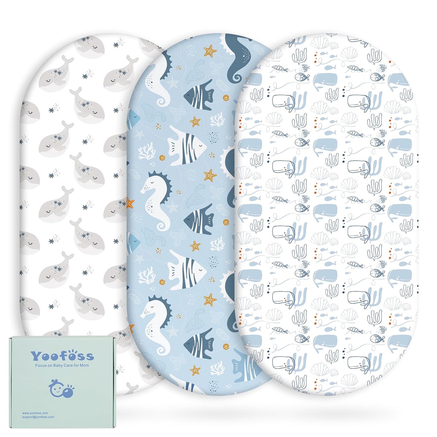 Yoofoss Bassinet Sheets for Baby,3-Pack Fitted Bassinet Sheets Set Compatible with Halo Bassinest Swivel Sleeper,Baby Delight,Angelbliss,Soft Breathable Bassinet Mattress Sheets (Blue+Seahorse)