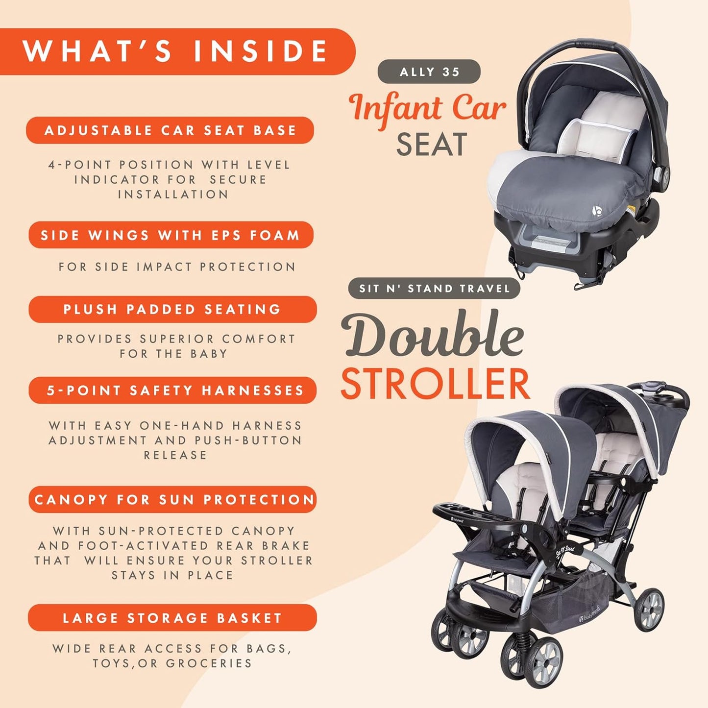 Baby Trend Infant and Toddler Double Stroller & 2 Car Seat Combo, 3 Pc Set, Magnolia - Portable and Lightweight Stroller Duo and Car Seat Travel System Tandem