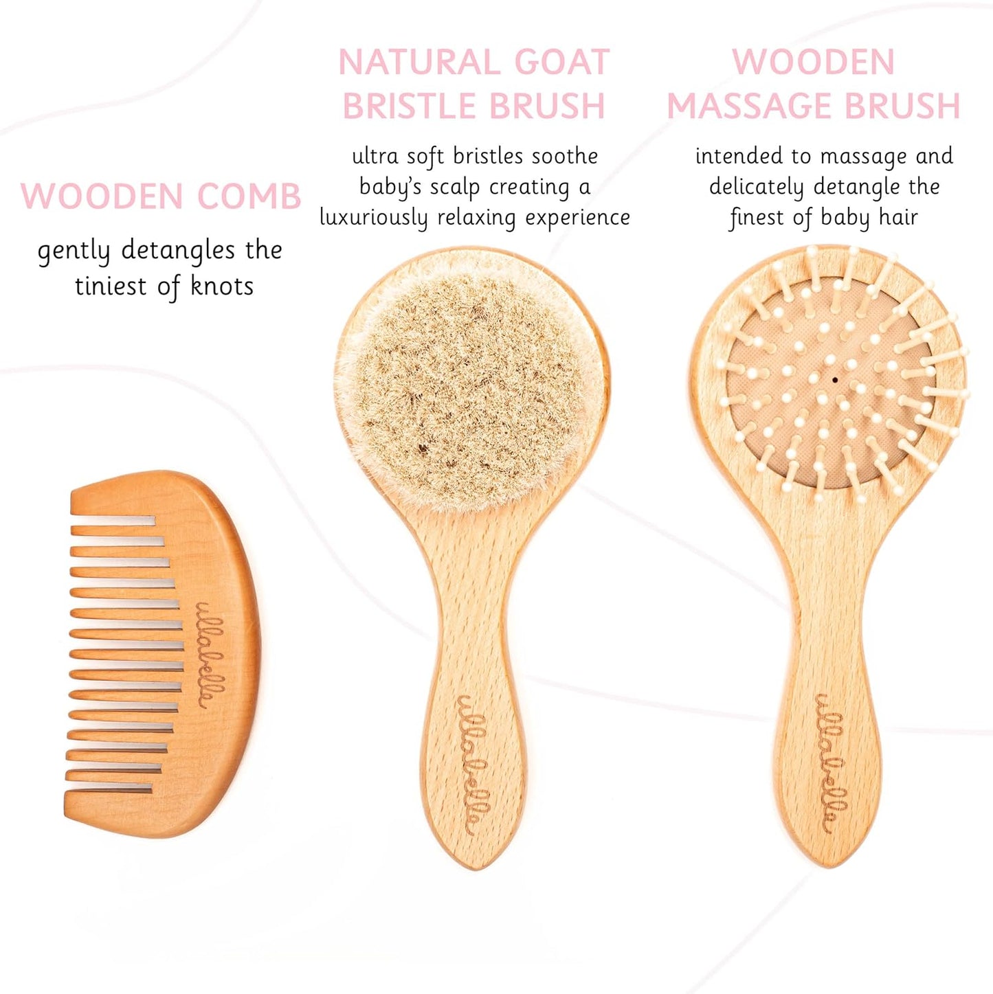 Ullabelle 3 Piece Wooden Baby Hair Brush and Comb Set for Newborns & Toddlers in Chic Gift Box - Ultra Soft Natural Goat Hair and Wood Baby Brush Set Prevents Cradle Cap - Perfect Registry Gift (Sage)