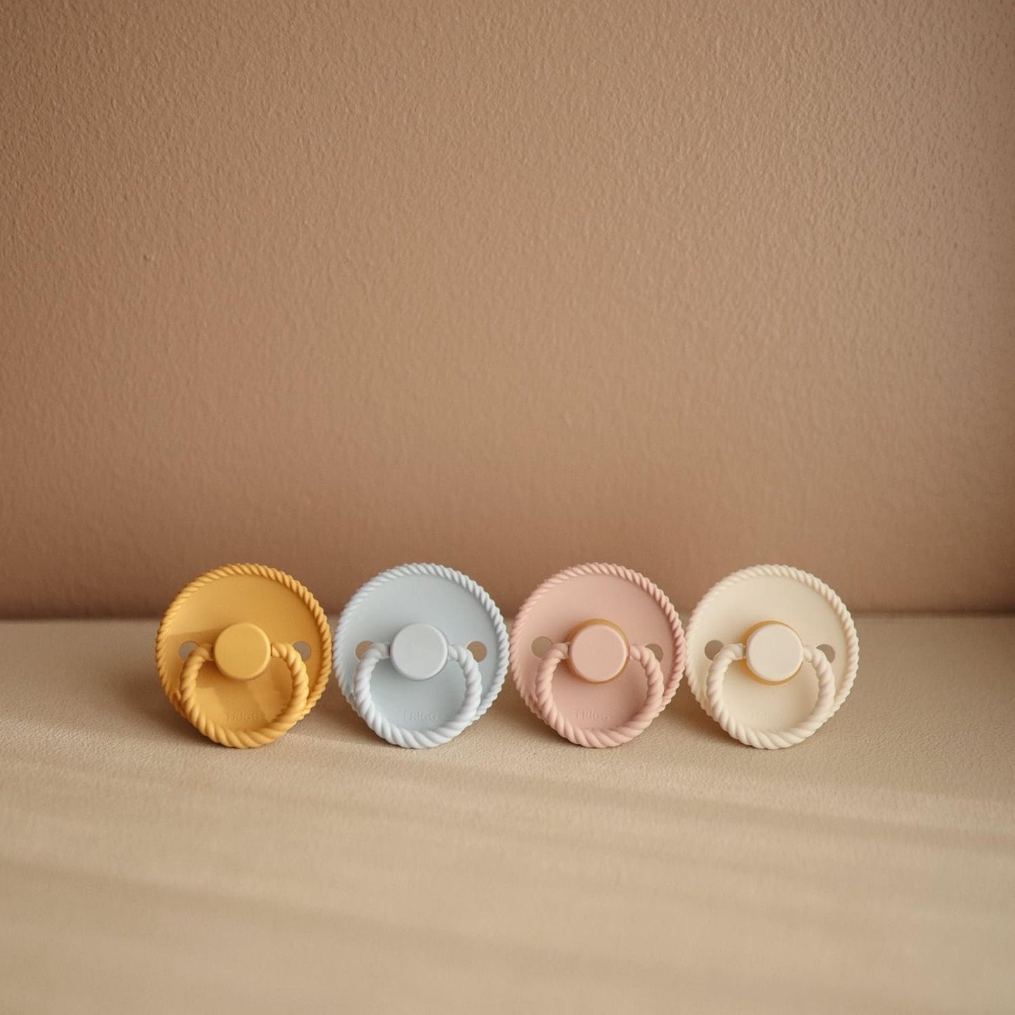 FRIGG Rope Natural Rubber Baby Pacifier | Made in Denmark | BPA-Free (Honey Gold/Portobello, 0-6 Months)